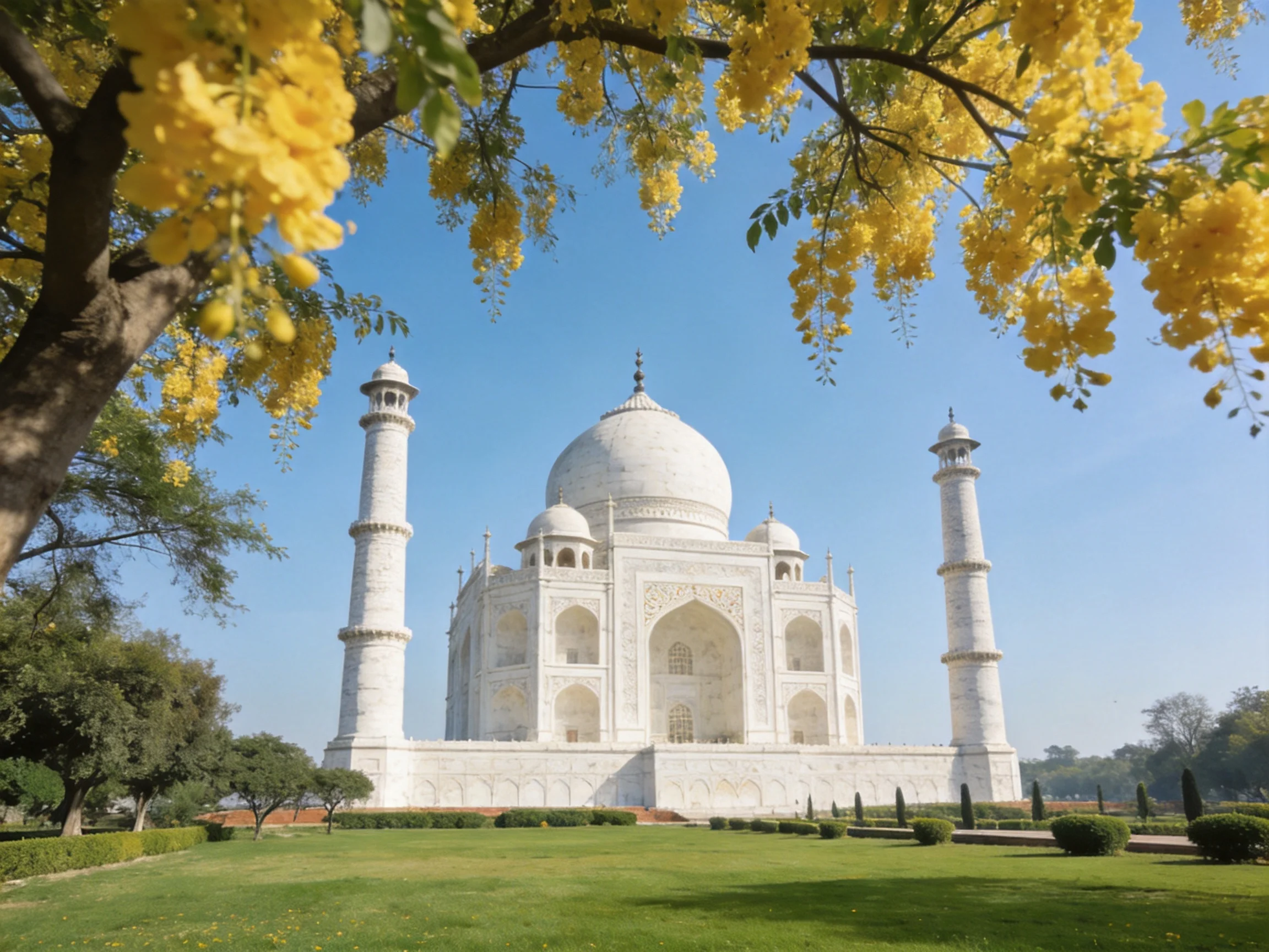 The Taj Mahal framed by golden blooms under a clear blue sky