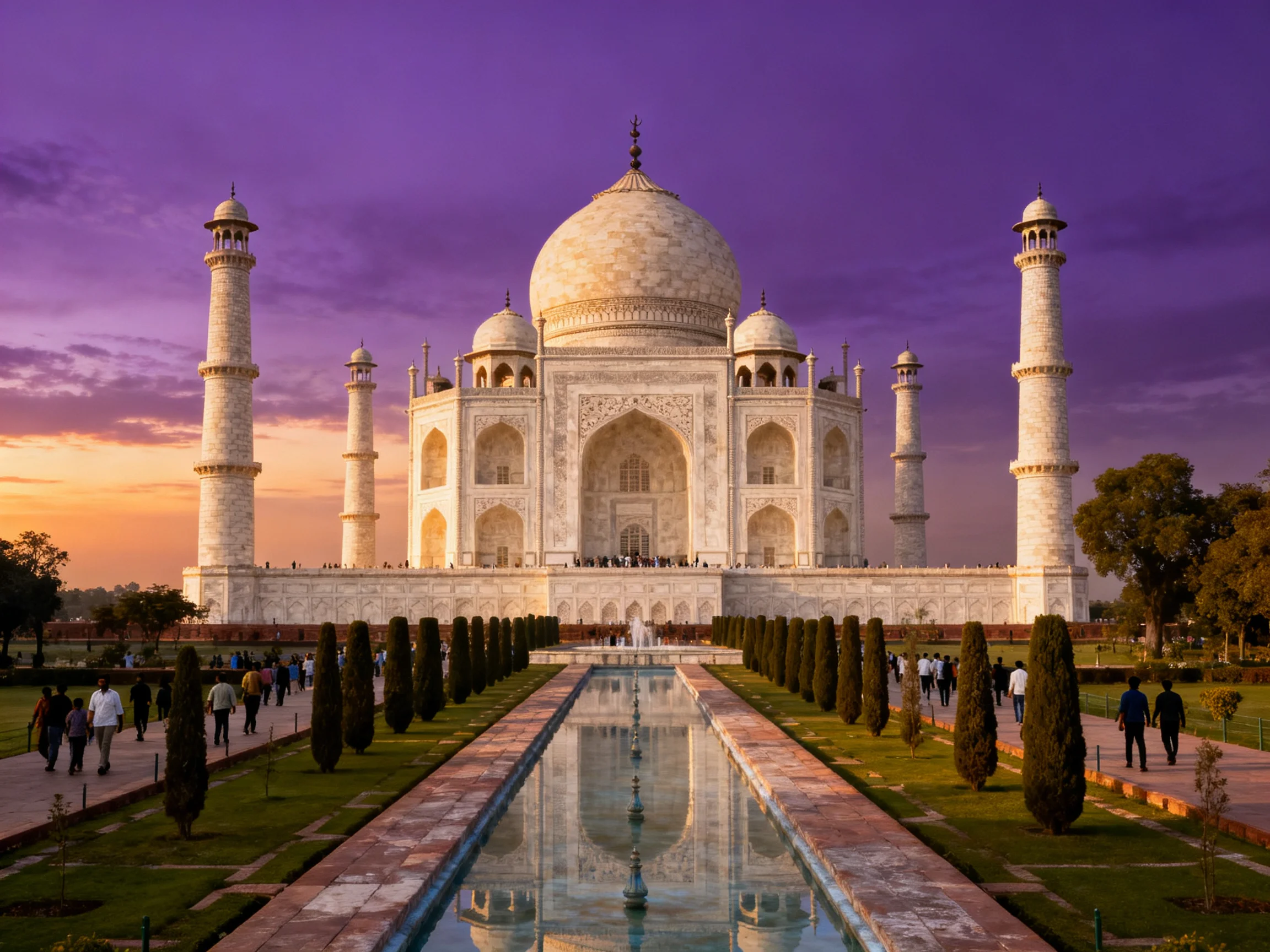 The Taj Mahal glows under a vibrant purple and orange sunset sky with four minarets