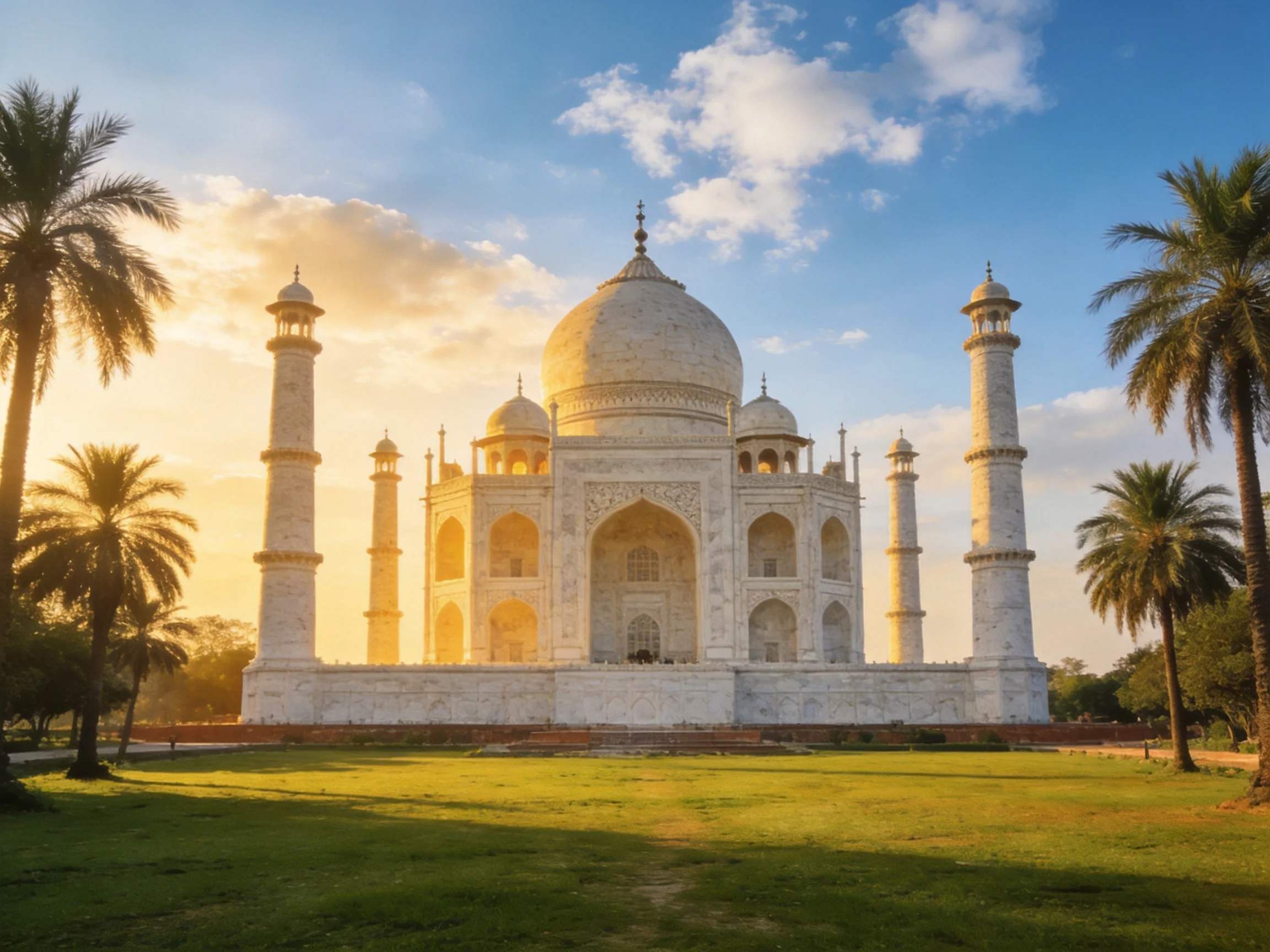 The Taj Mahal glows white amid palm trees under golden sky
