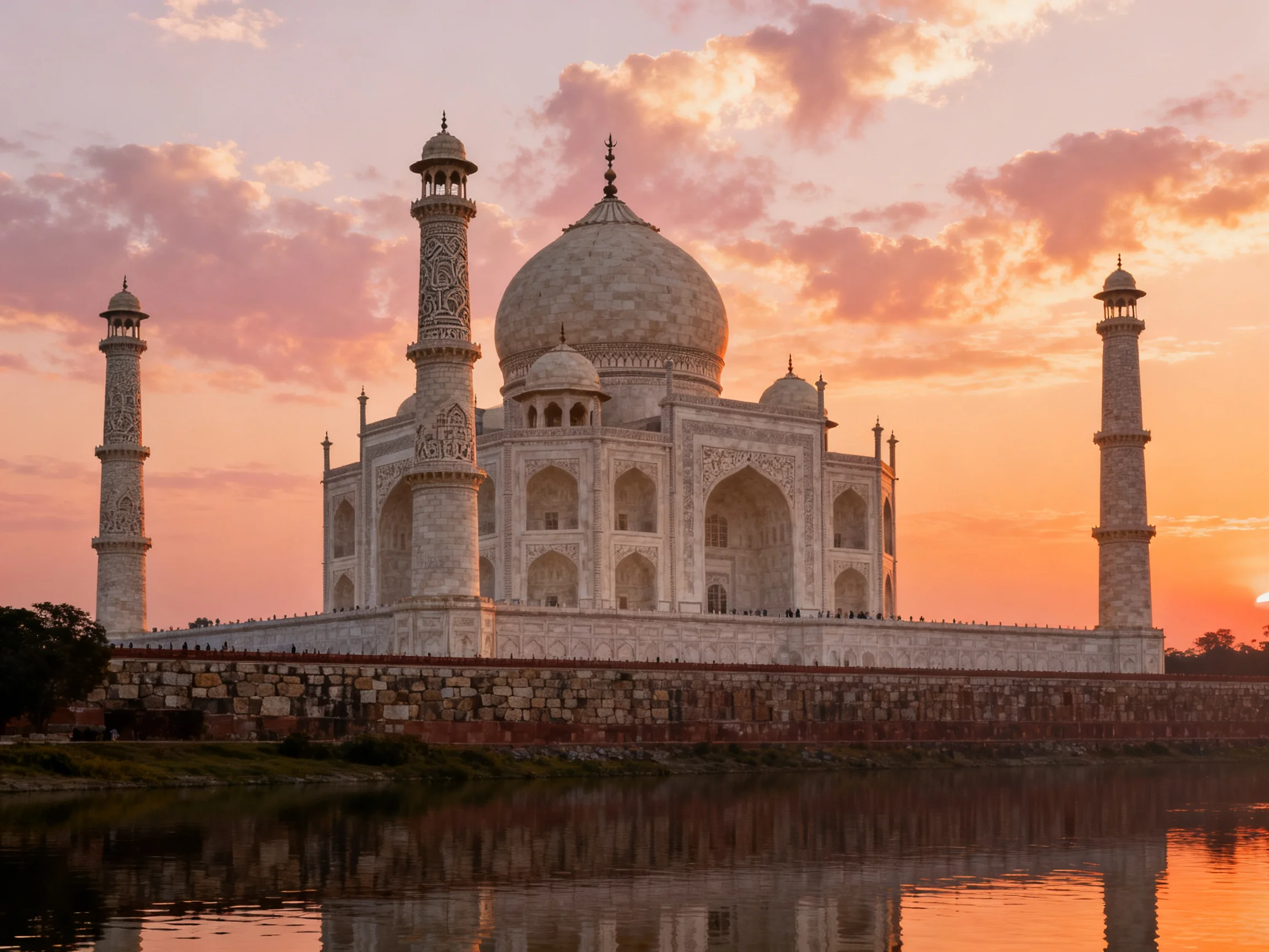 The Taj Mahal illuminated by a warm sunset with pink clouds and water reflection