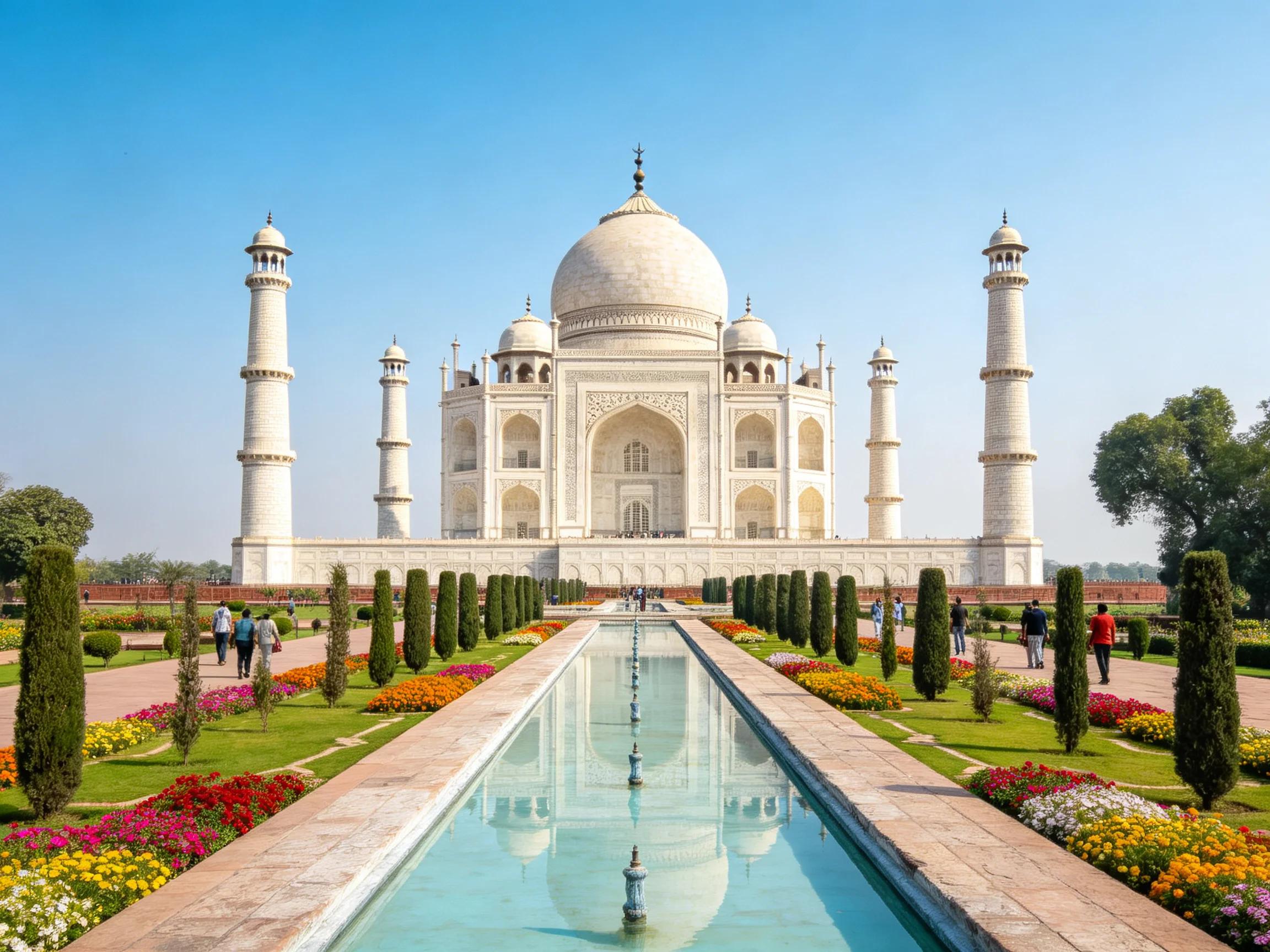 The Taj Mahal stands amid vibrant gardens and a long reflecting pool