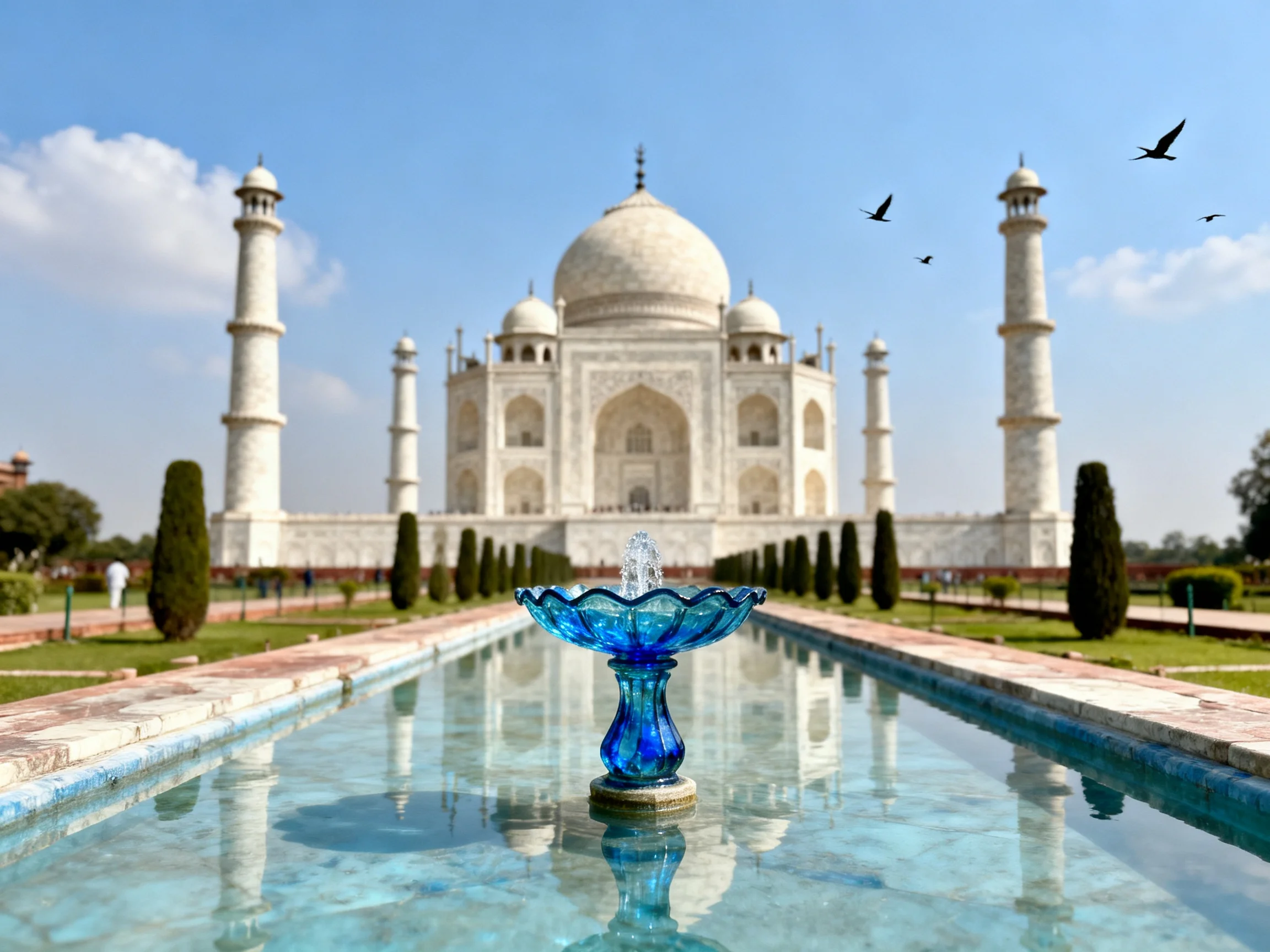 The Taj Mahal with a blue fountain and reflecting pool