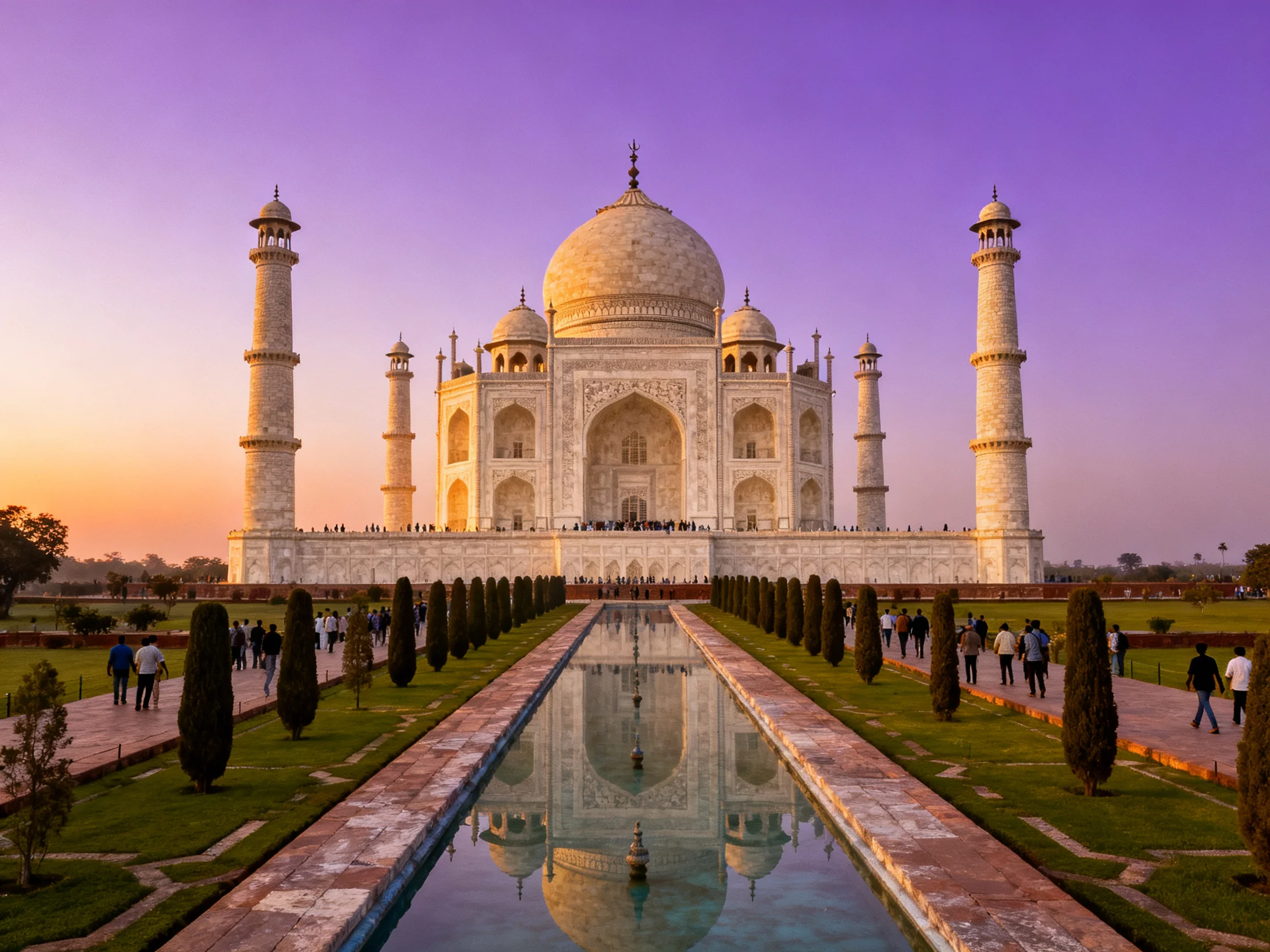 The Taj Mahal with a reflecting pool under a purple sunset sky