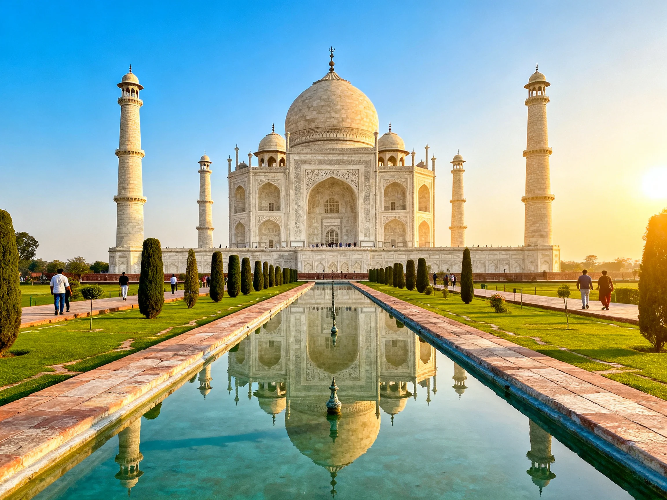 The Taj Mahal with reflection pool and minarets under bright sky