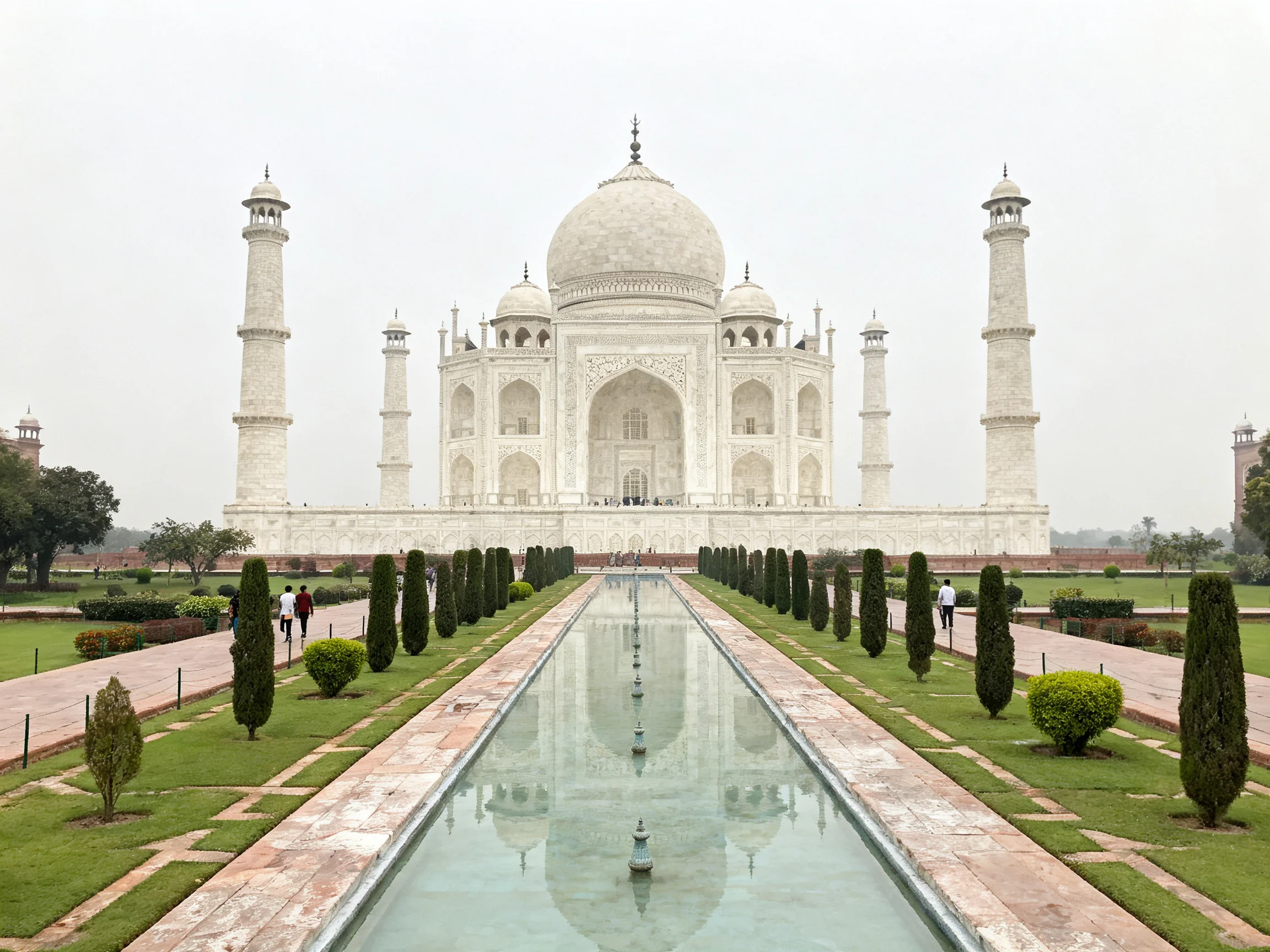 The Taj Mahal with symmetrical gardens and long reflecting pool