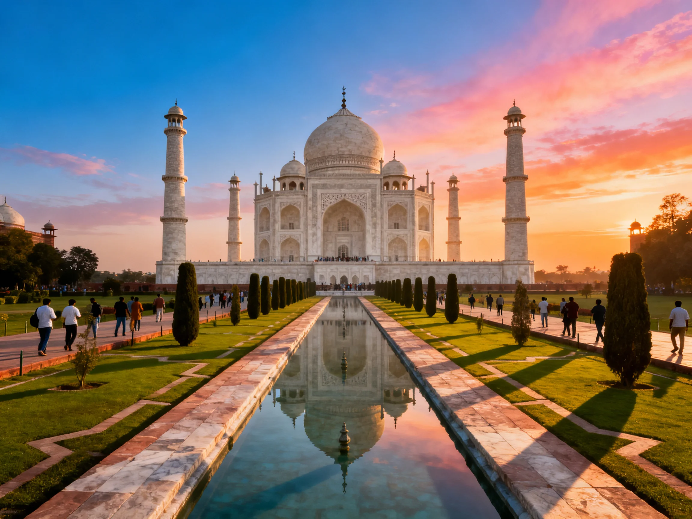 The Taj Mahal with vibrant sunset sky reflected in central waterway