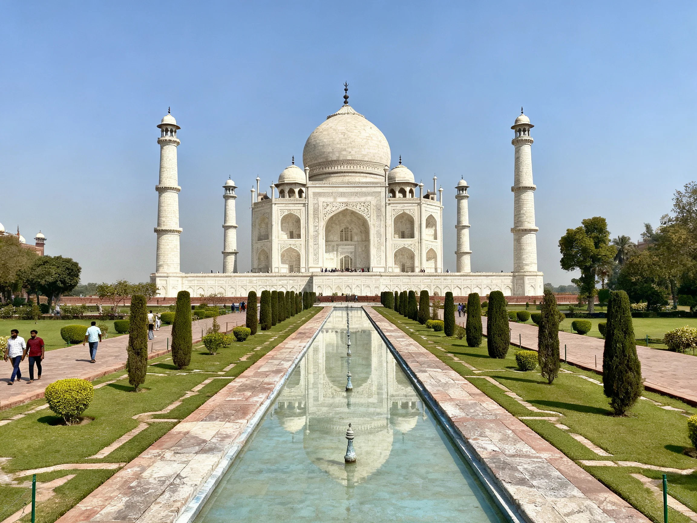 The Taj Mahals White Marble Facade with Reflecting Pool and Symmetric Gardens