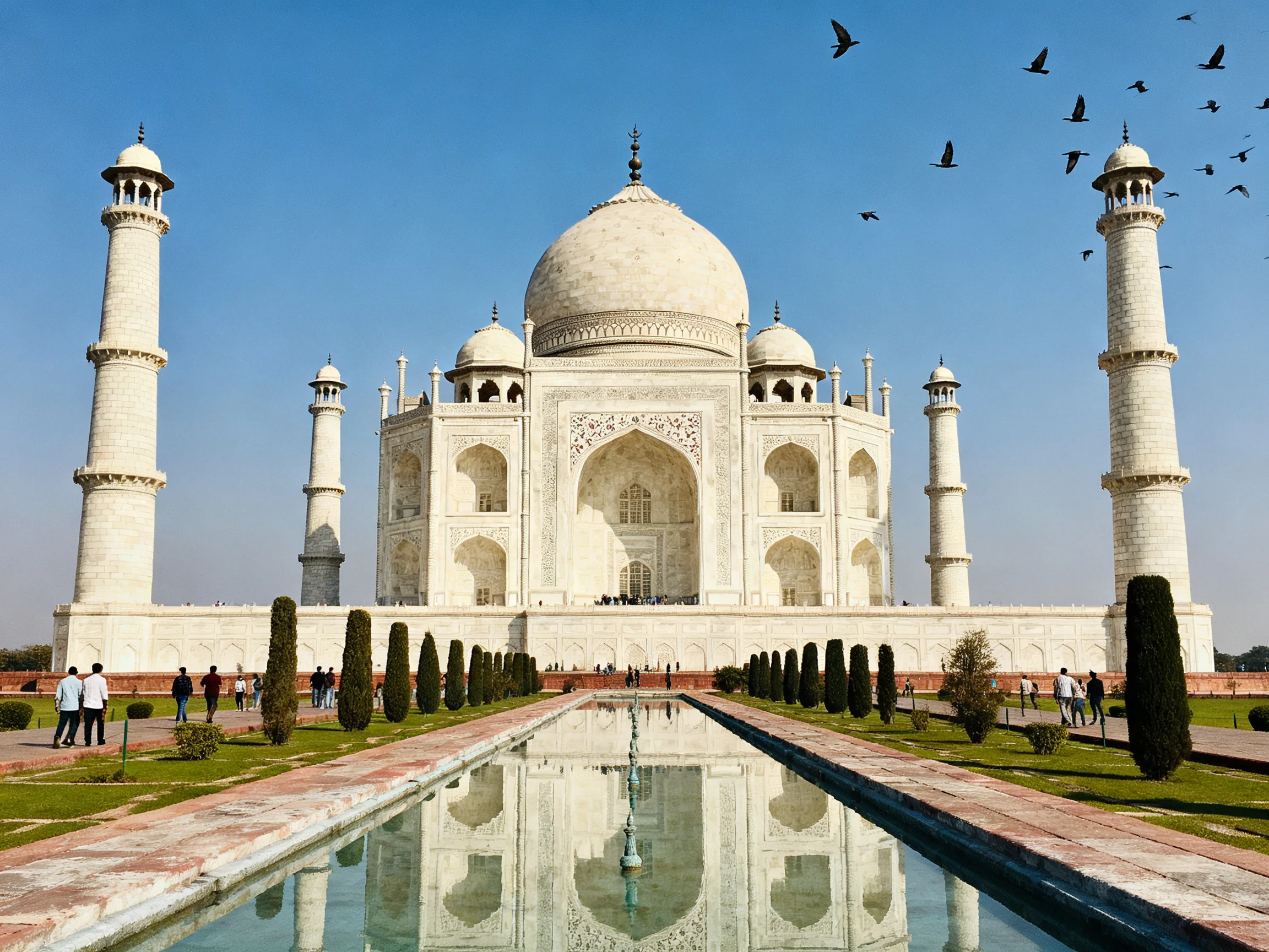 The Taj Mahals white marble dome and four minarets reflected in water