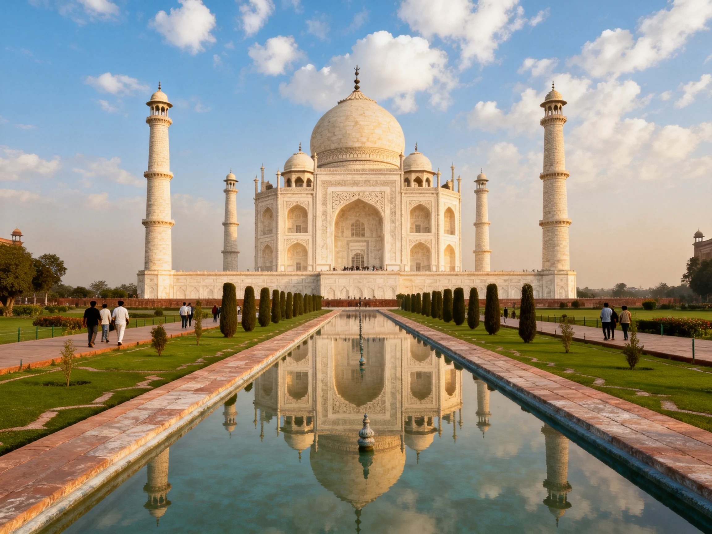 The Taj Mahals white marble dome reflects in a long water channel