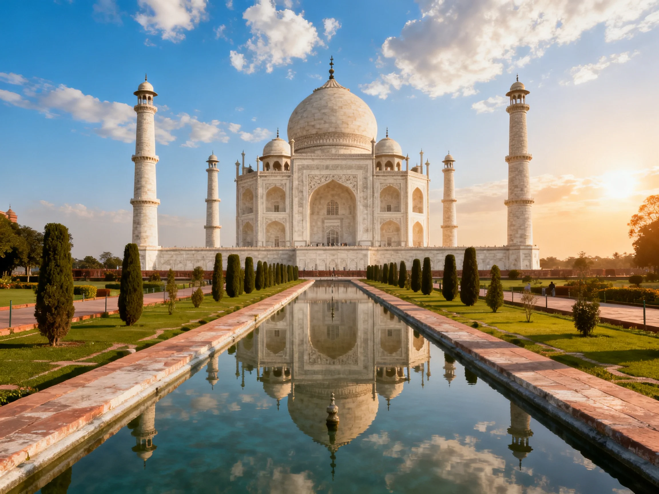 The Taj Mahals white marble facade reflects in a long central pool
