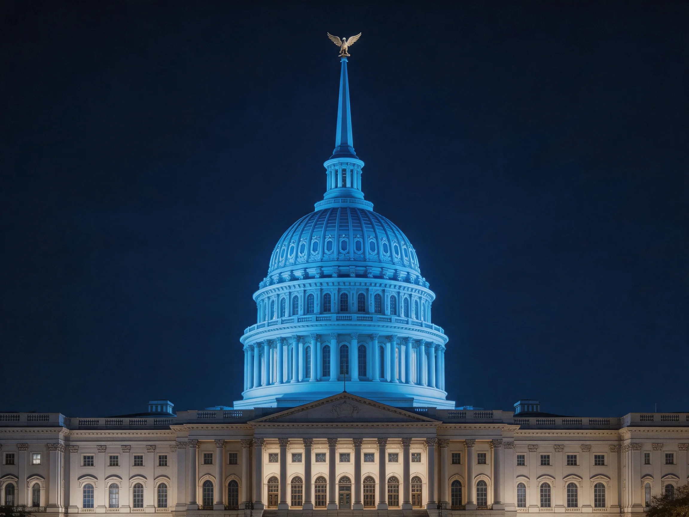 The United States Capitol dome illuminated in vibrant blue at night