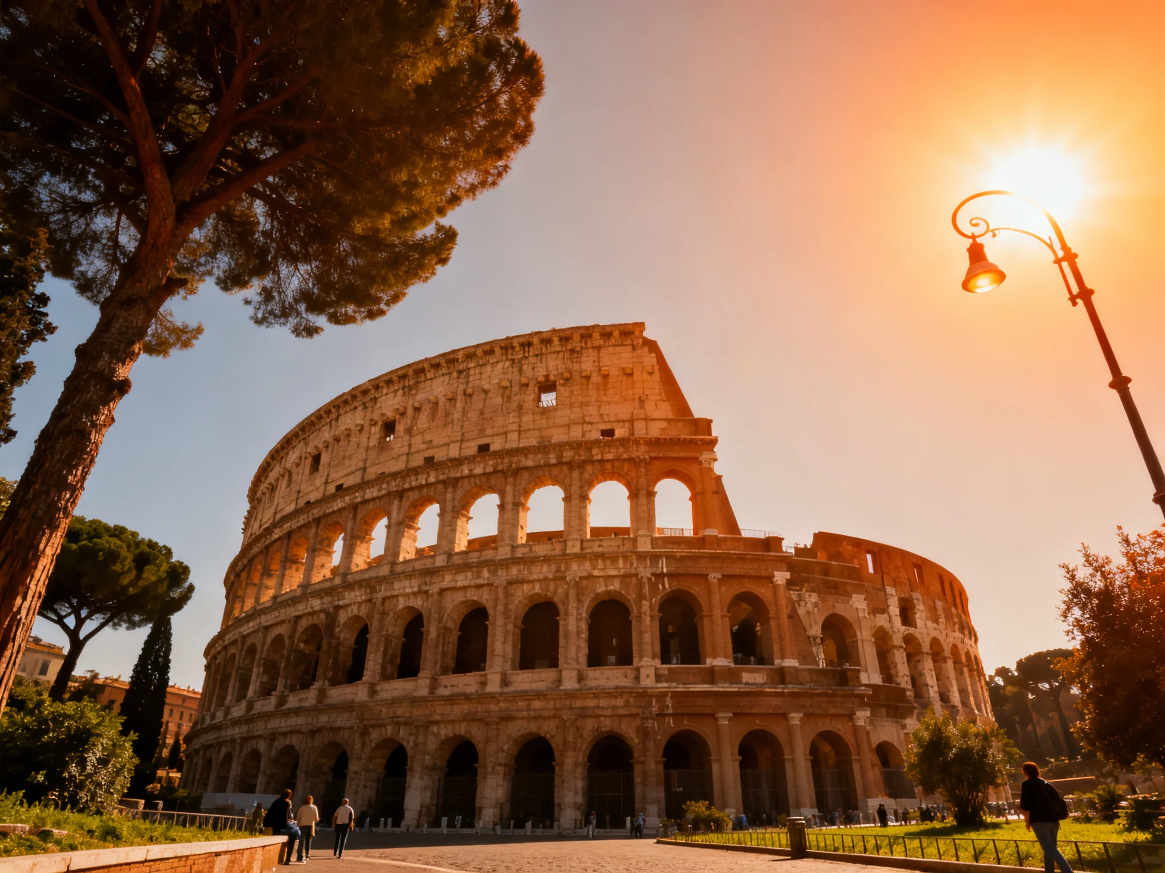 The ancient Colosseum bathed in golden sunset light near trees and a lamppost