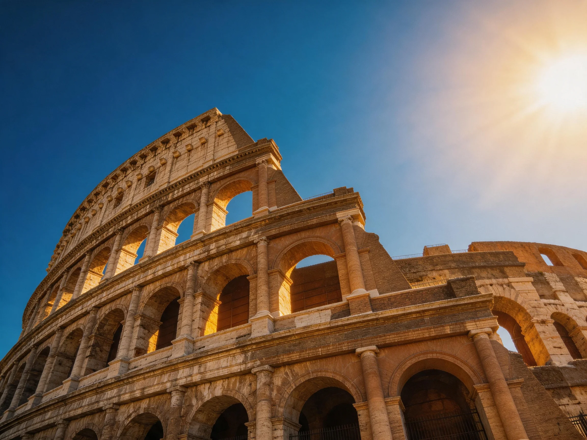 The ancient Colosseum illuminated by golden sunlight against a clear blue sky