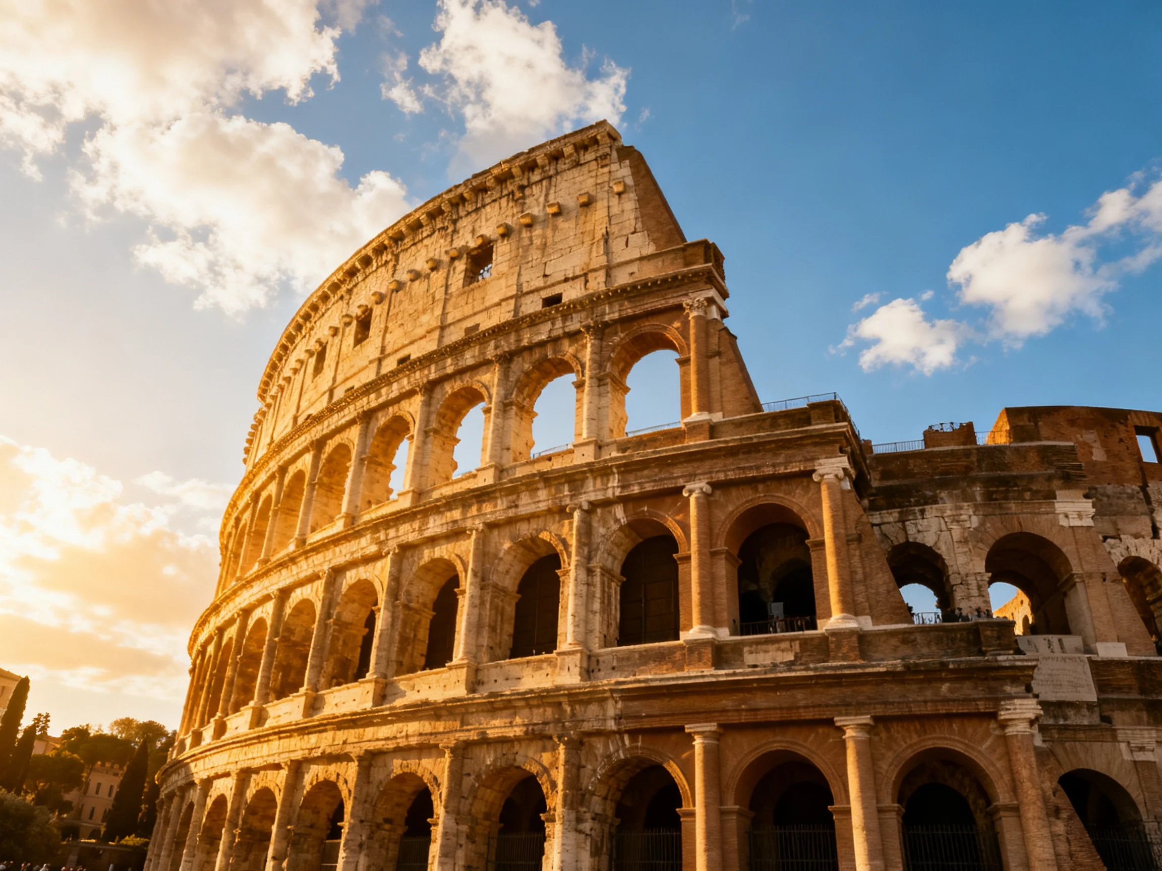 The ancient Colosseum illuminated by golden sunset light with clear blue skies