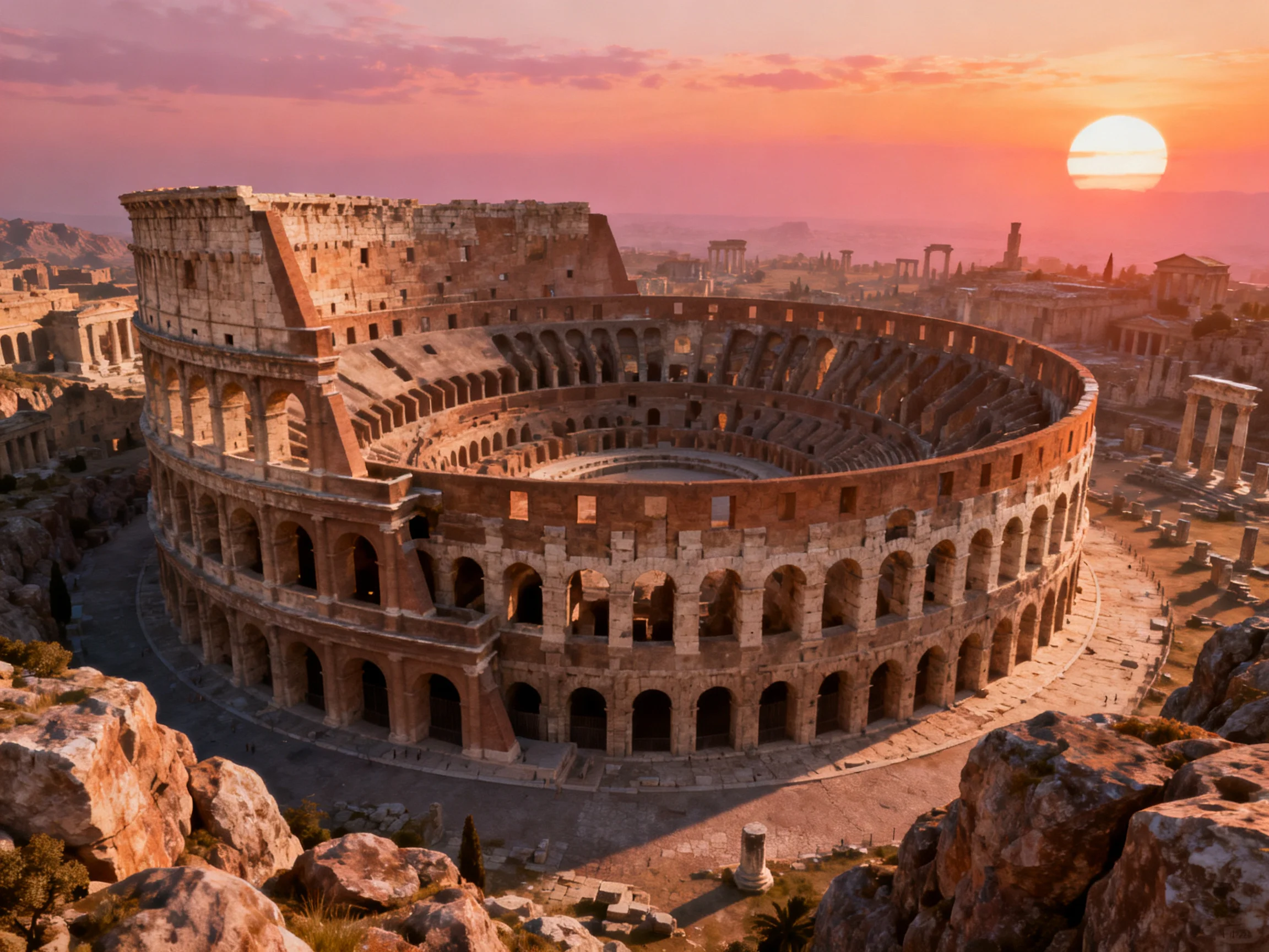 The ancient Colosseum illuminated by warm sunset hues