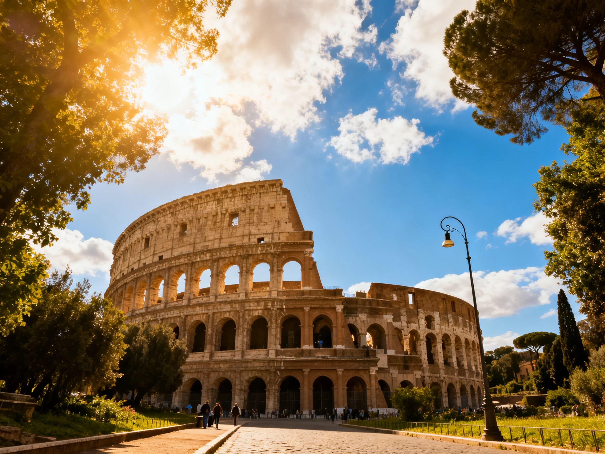 The ancient Colosseum under golden sunlight with surrounding greenery