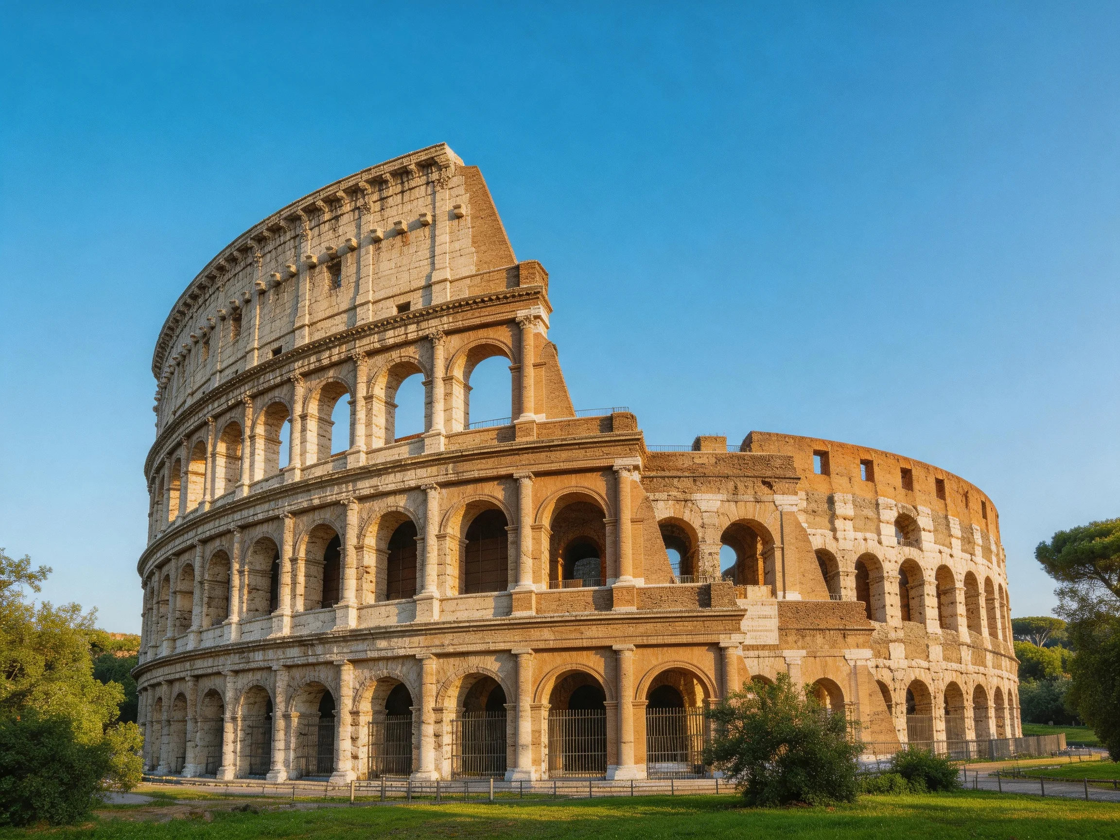 The ancient Colosseum with weathered stone arches against blue sky