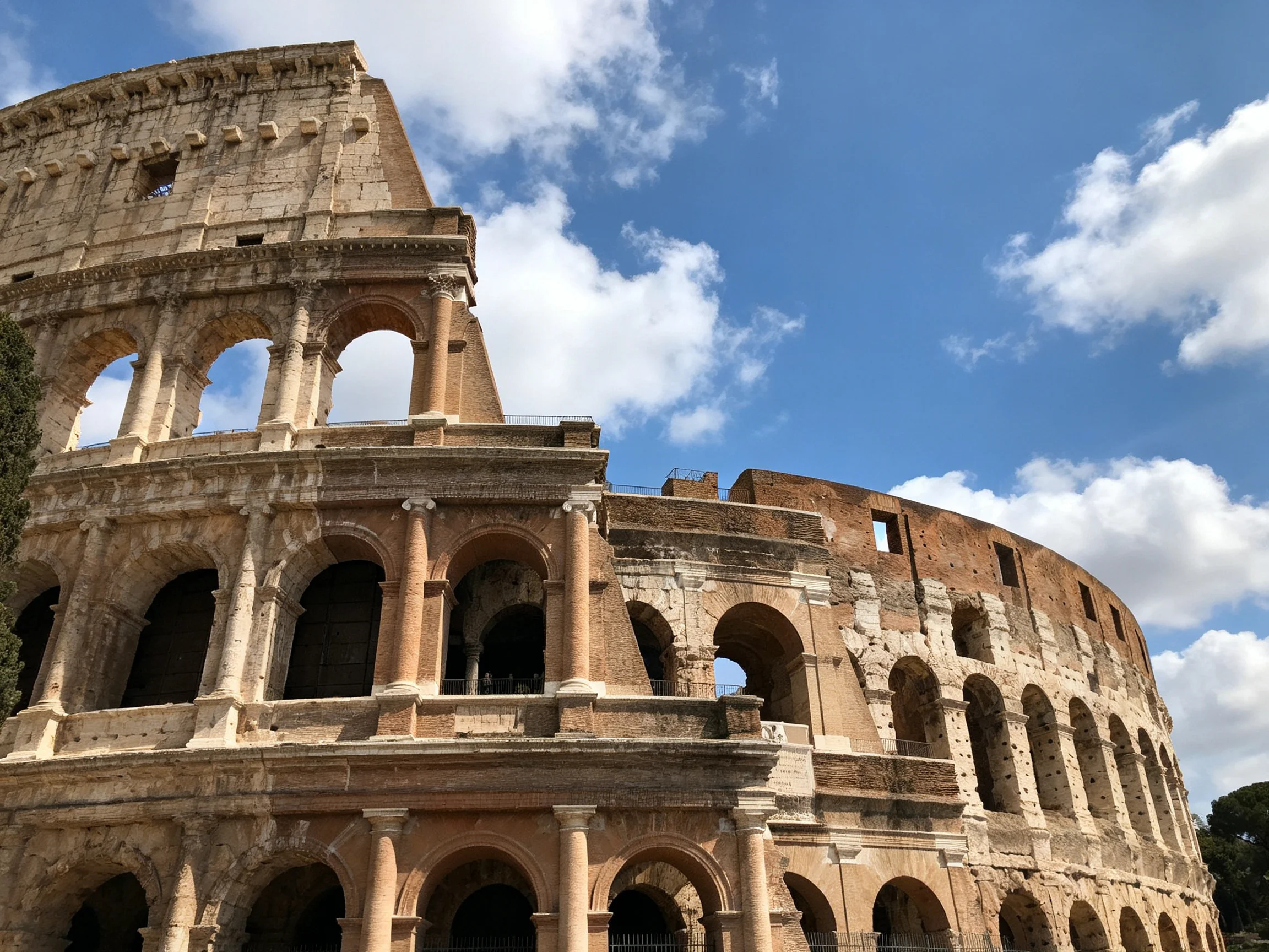 The ancient Colosseum with weathered stone arches under a clear blue sky