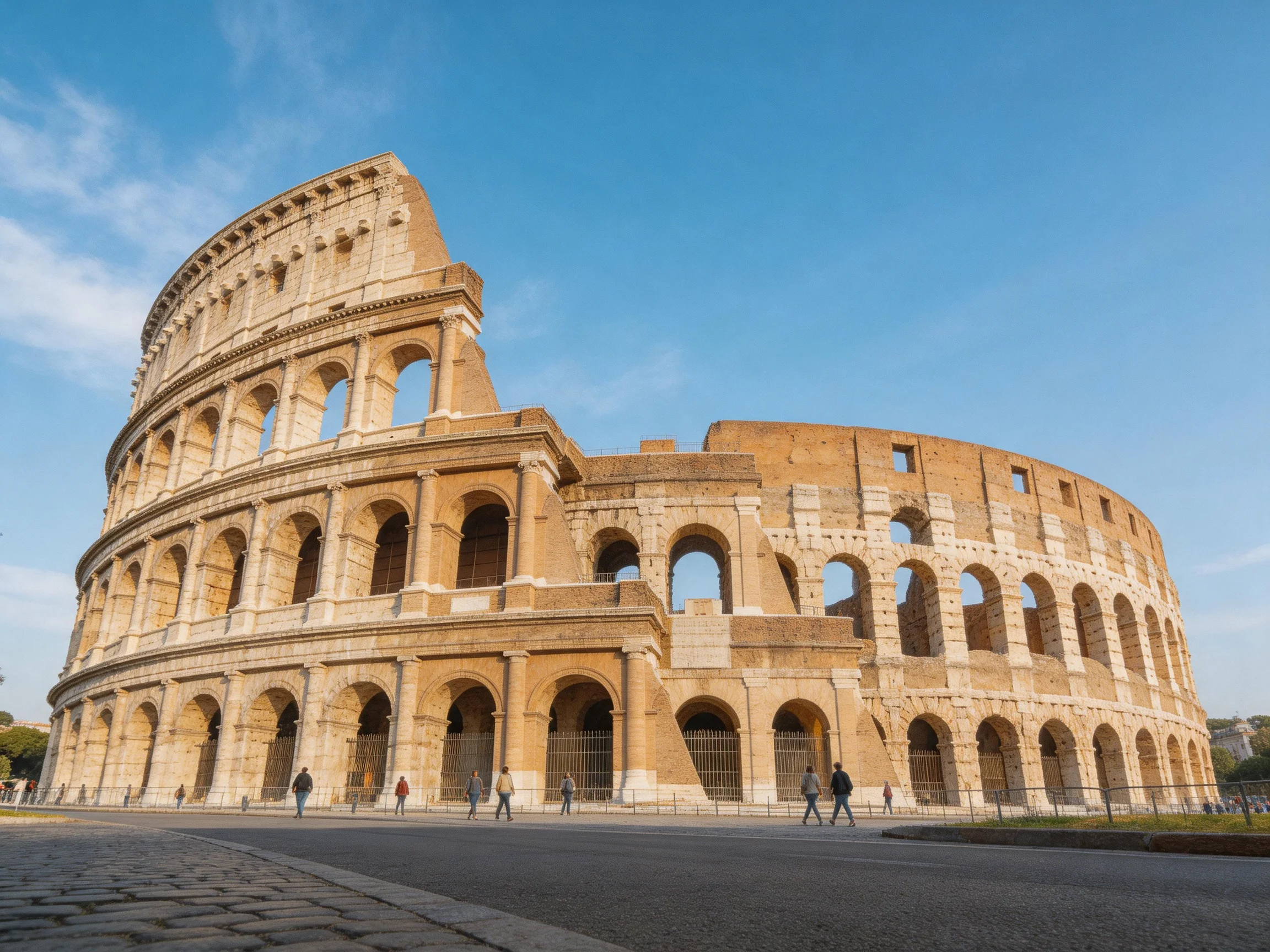 The ancient Colosseum with weathered tan stone arches under clear blue sky