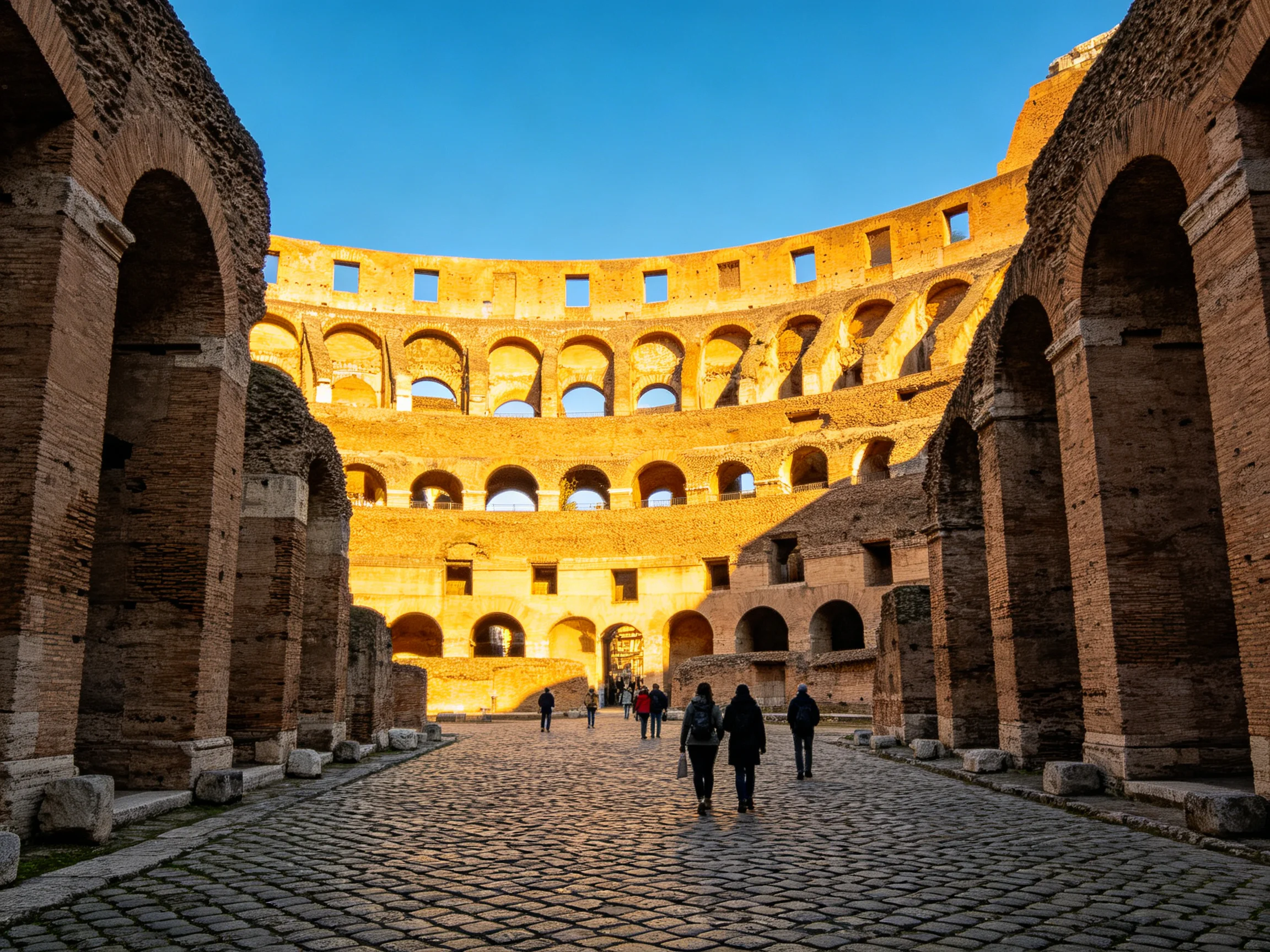 The ancient Colosseums interior with golden-hued arches and visitors