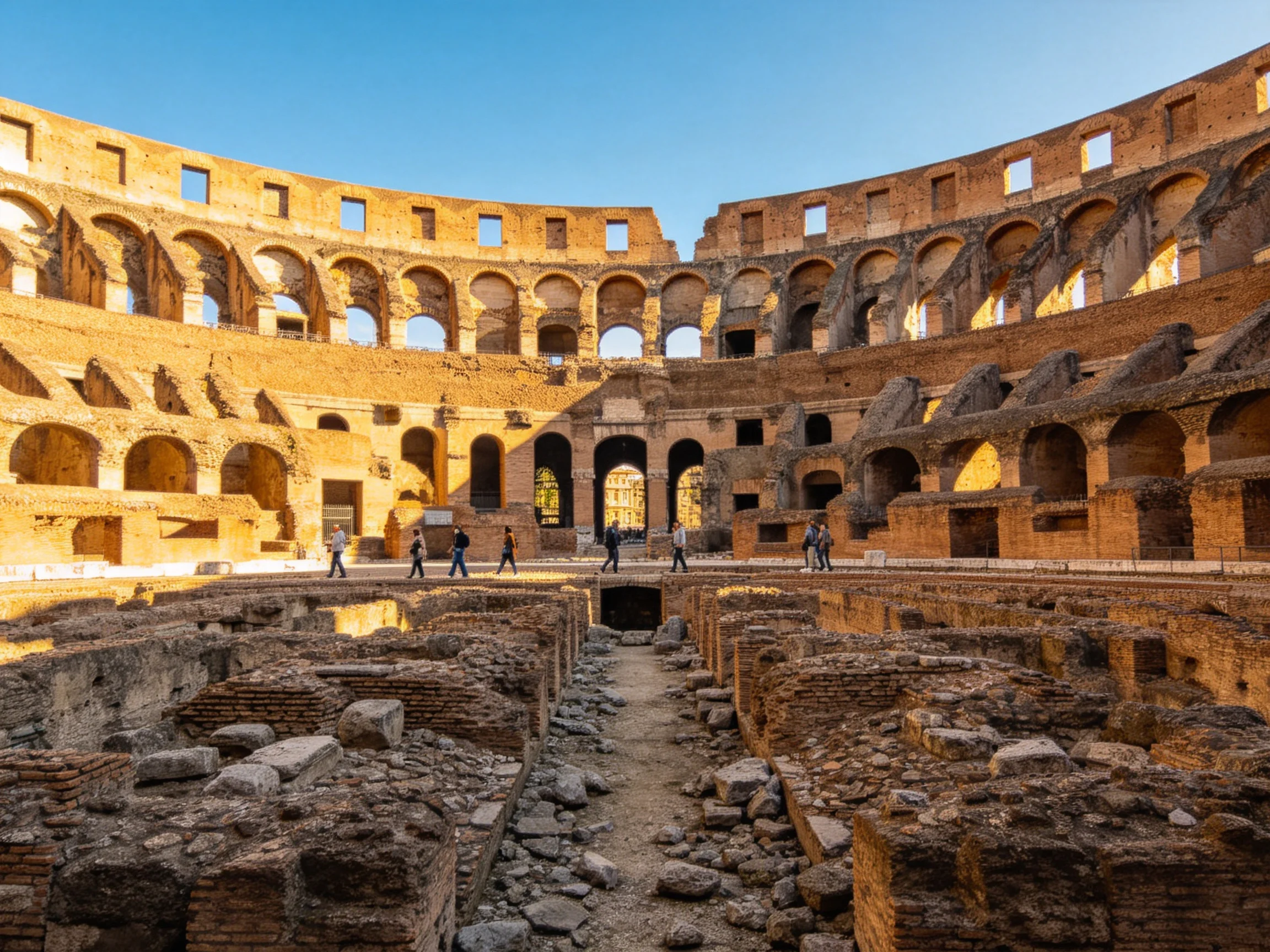 The ancient Colosseums weathered arches and stone ruins under clear blue sky