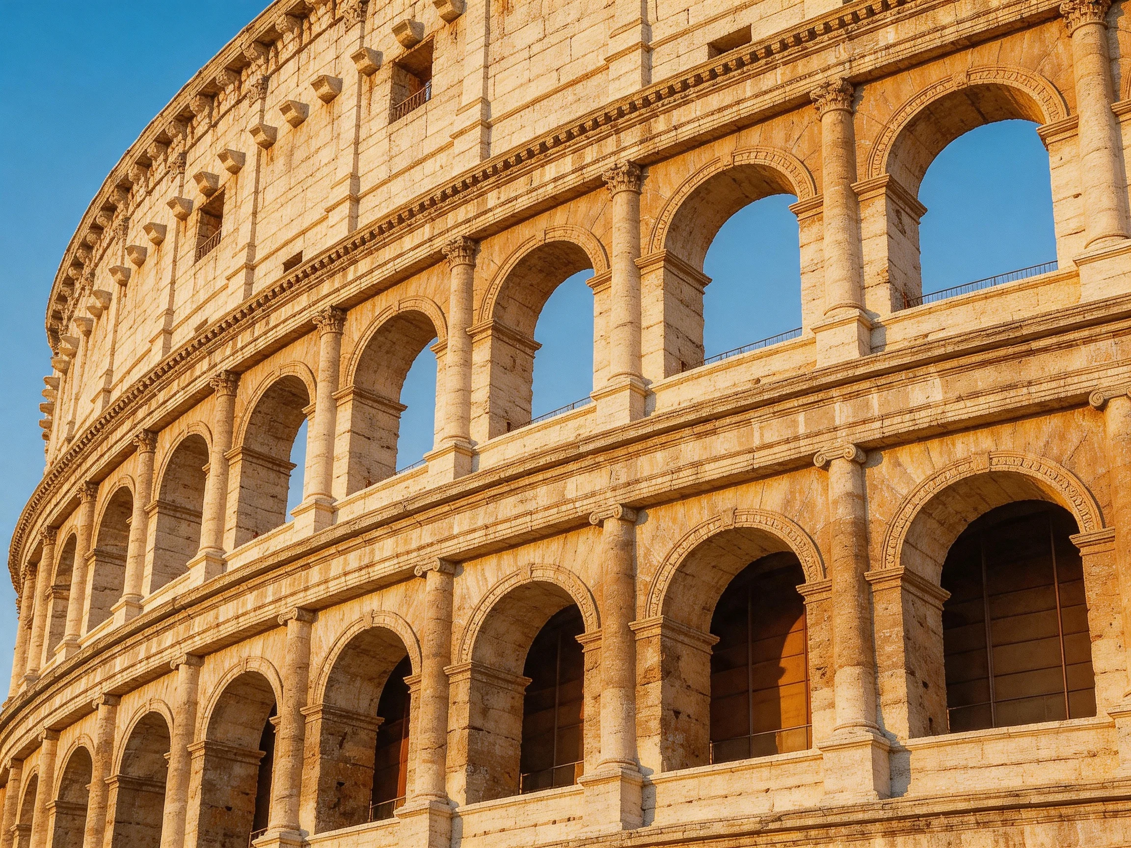 The ancient Colosseums weathered stone arches glow under warm sunlight