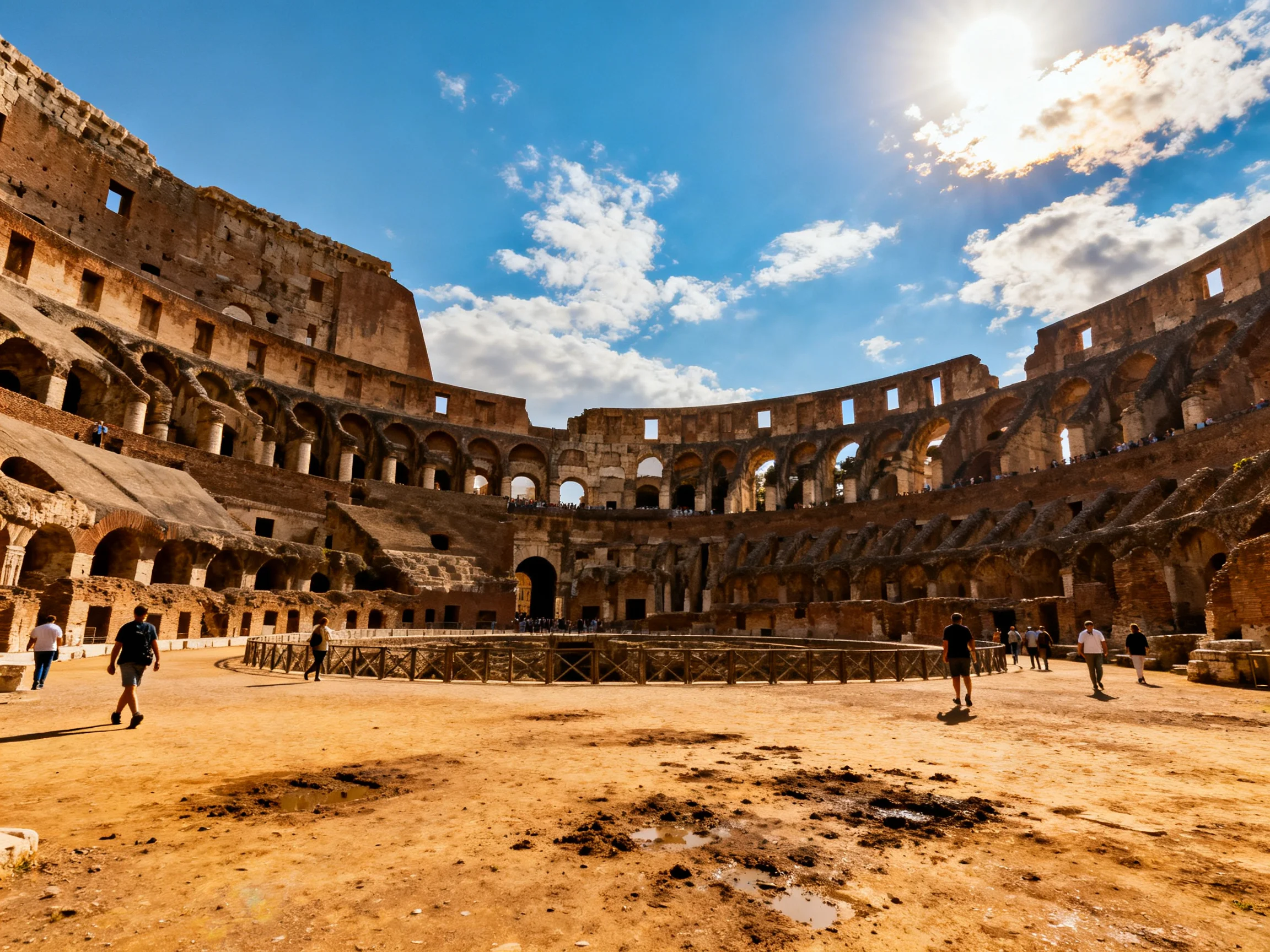 The ancient Colosseums weathered stone arches under bright blue sky