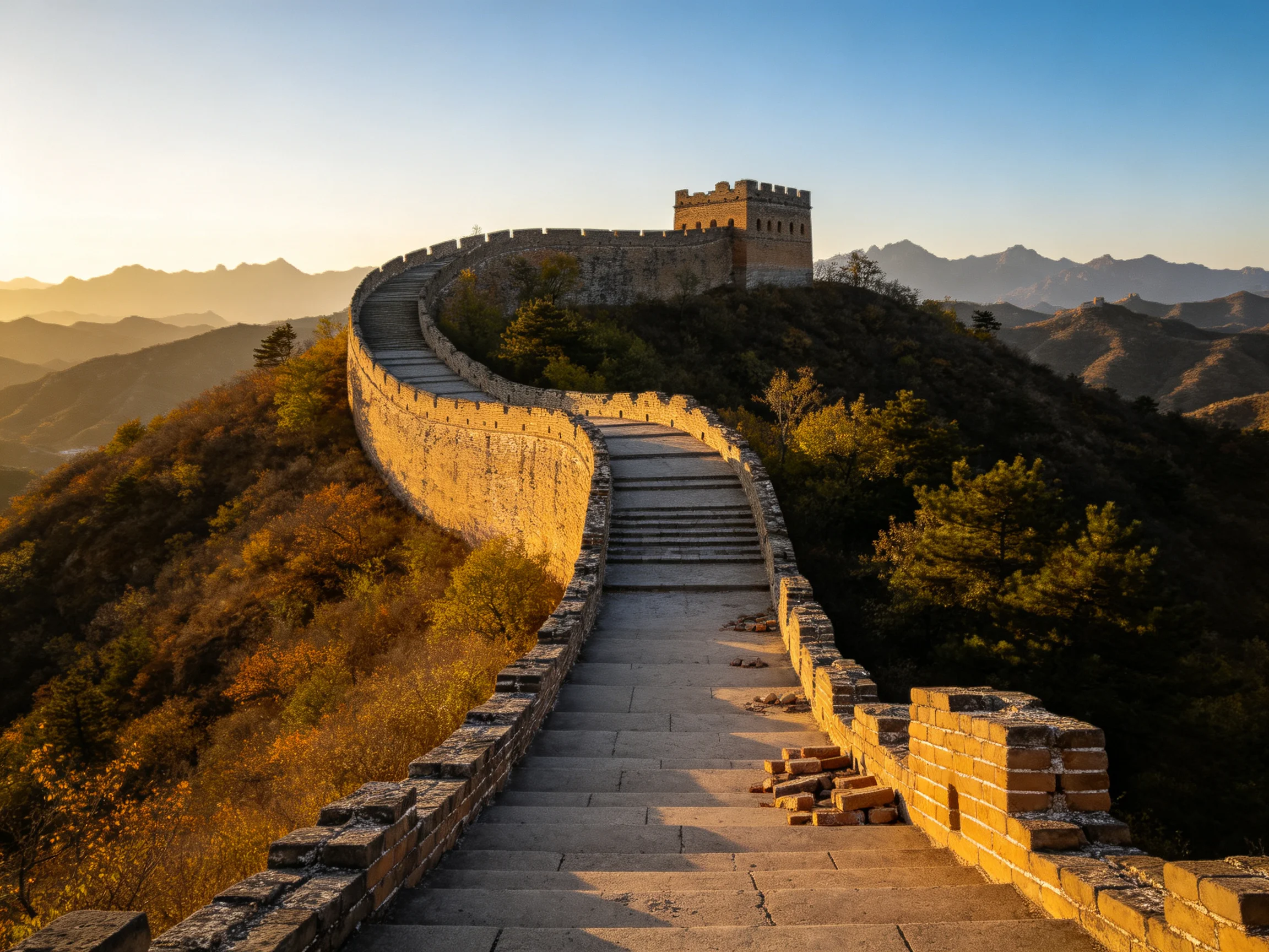 The ancient Great Wall winding through golden-hued mountains at sunrise