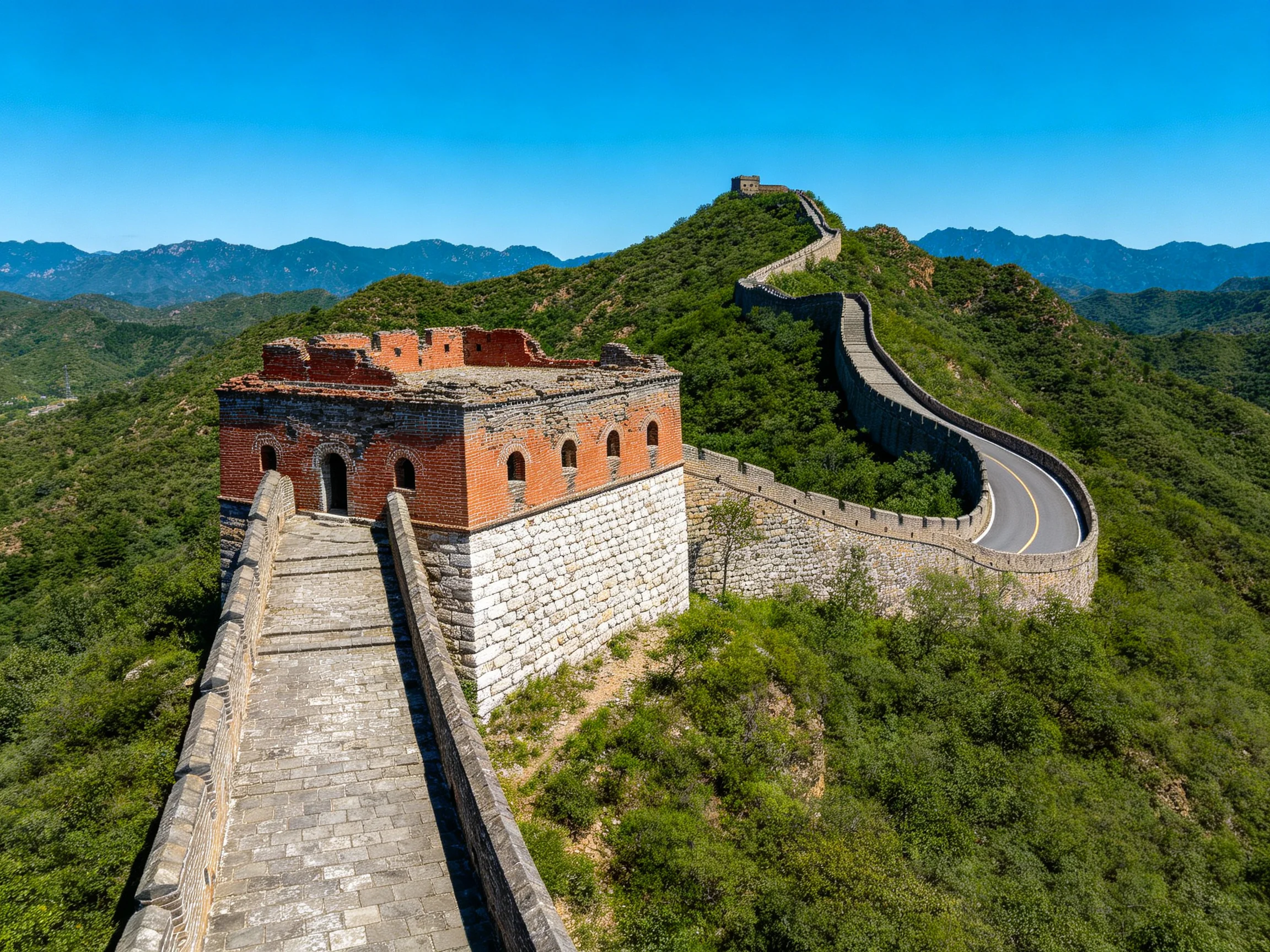 The ancient Great Wall winds along lush green mountains under a clear blue sky