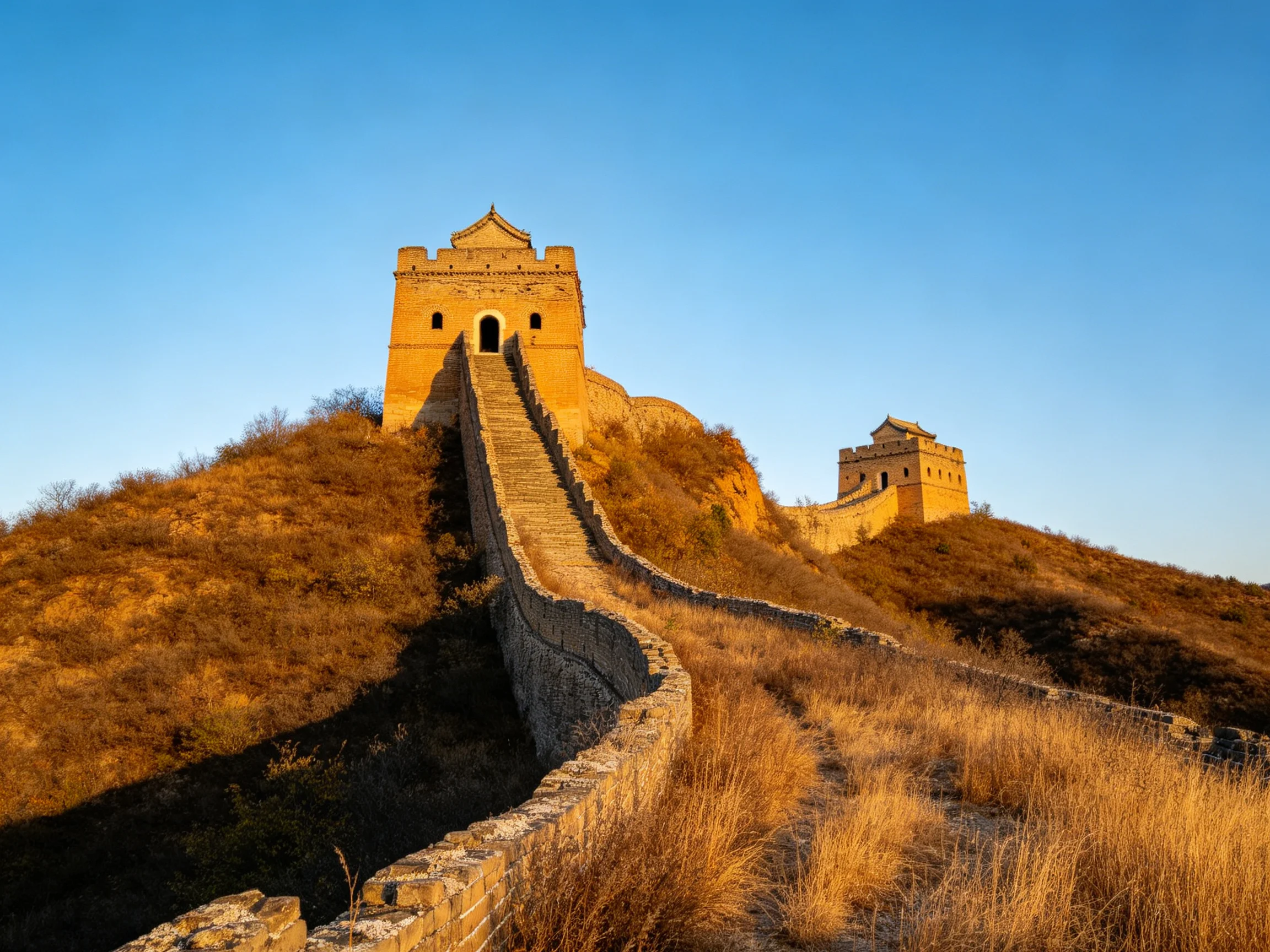 The ancient stone watchtowers sit atop rolling hills, connected by a long, winding stone staircase