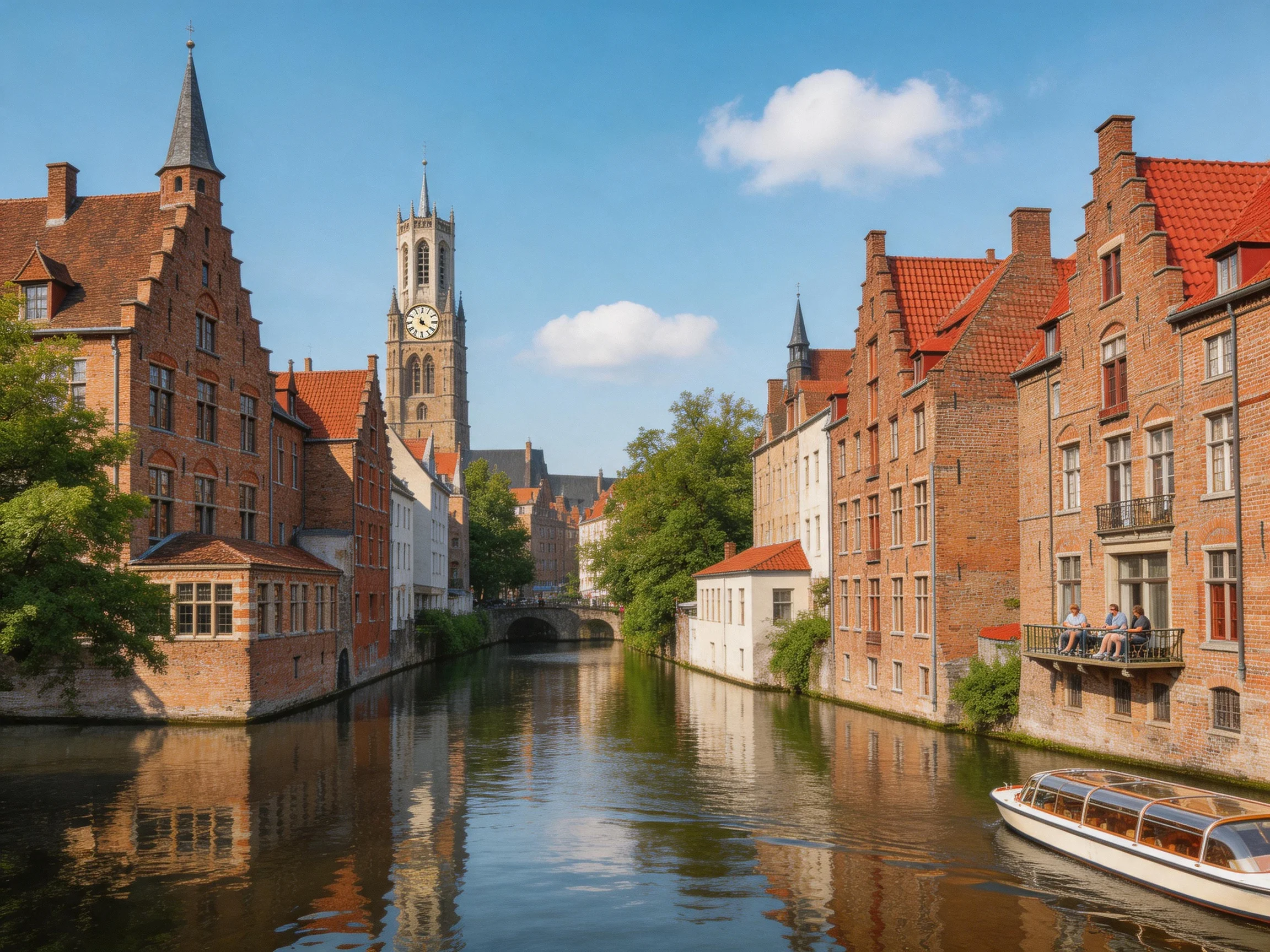 The calm canal water reflects the textured brick facades of historic buildings lining both sides,