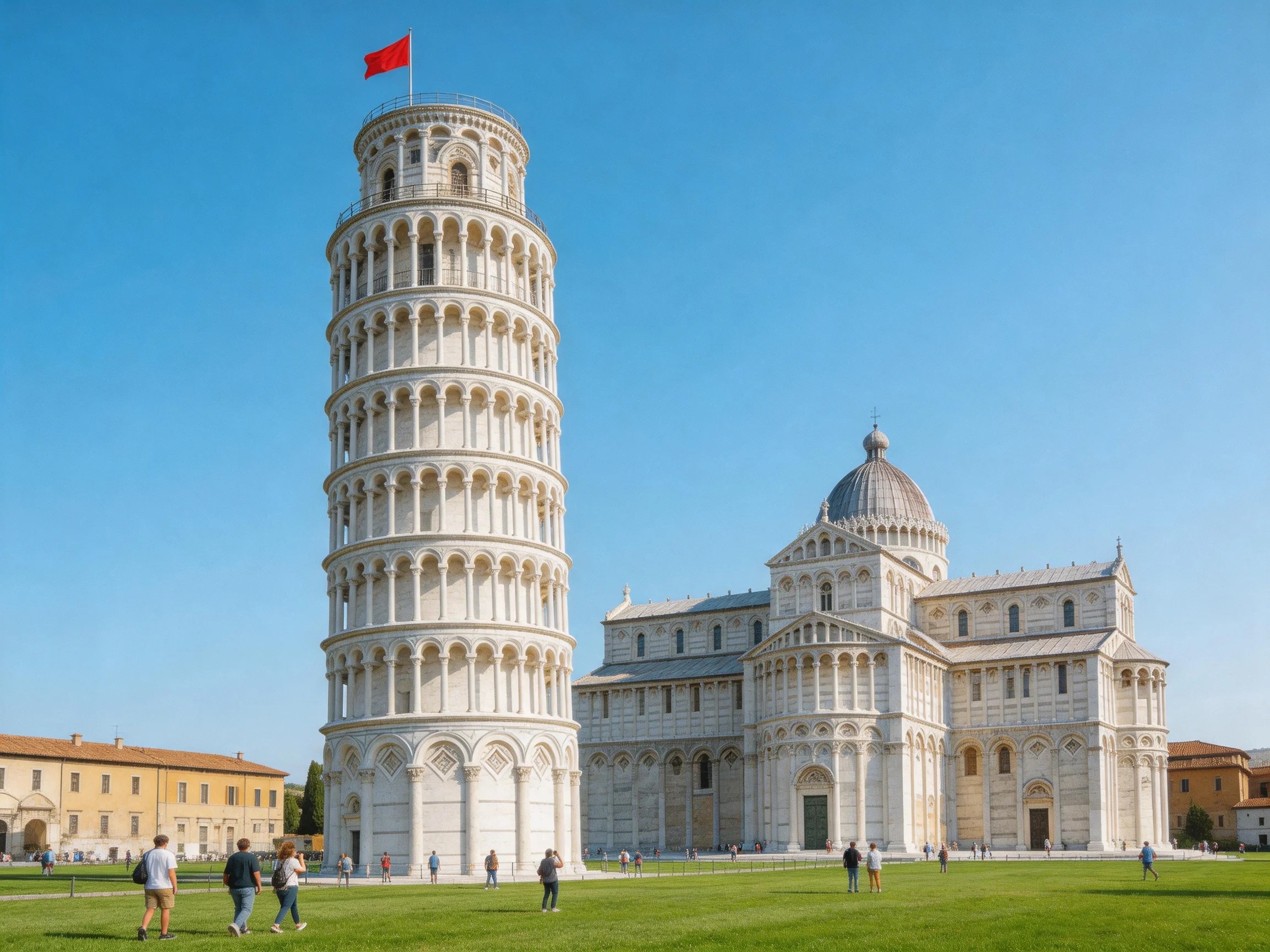 The famous Leaning Tower and adjacent cathedral in Pisa on a sunny day