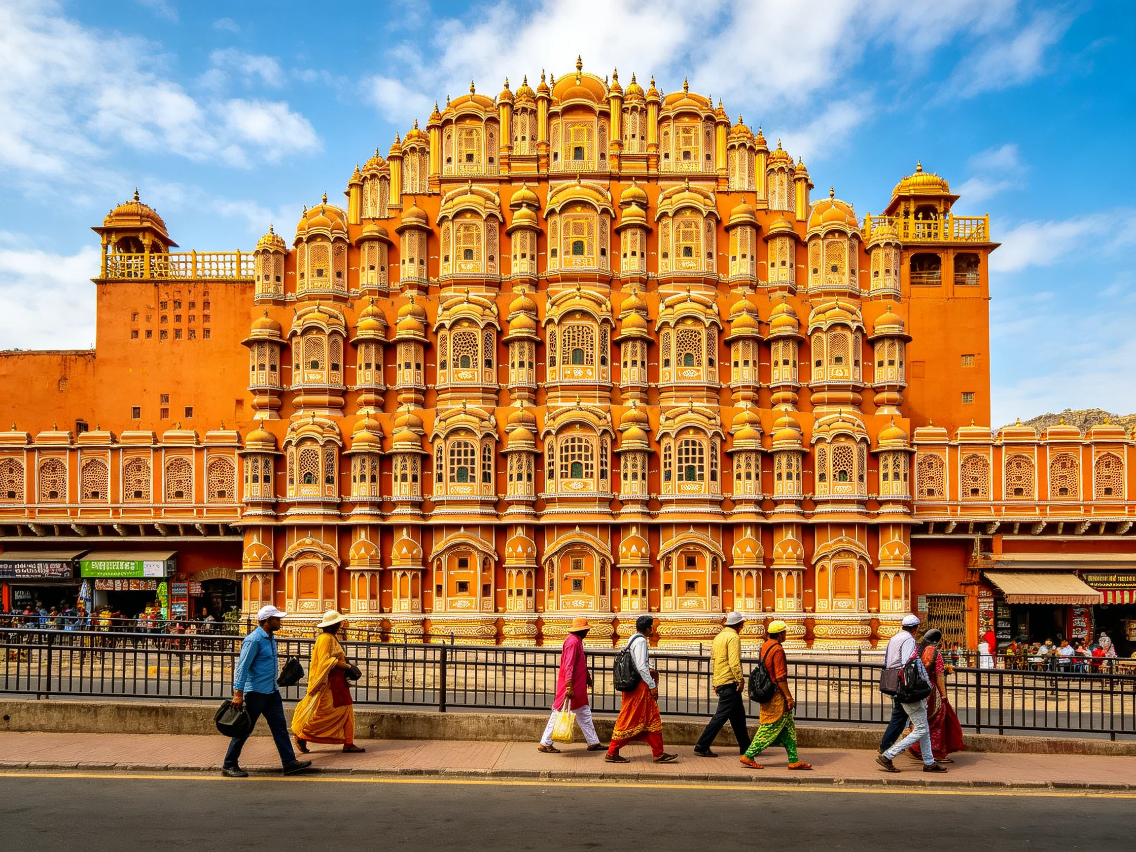 The grand, amber-hued palace with elaborate architectural details