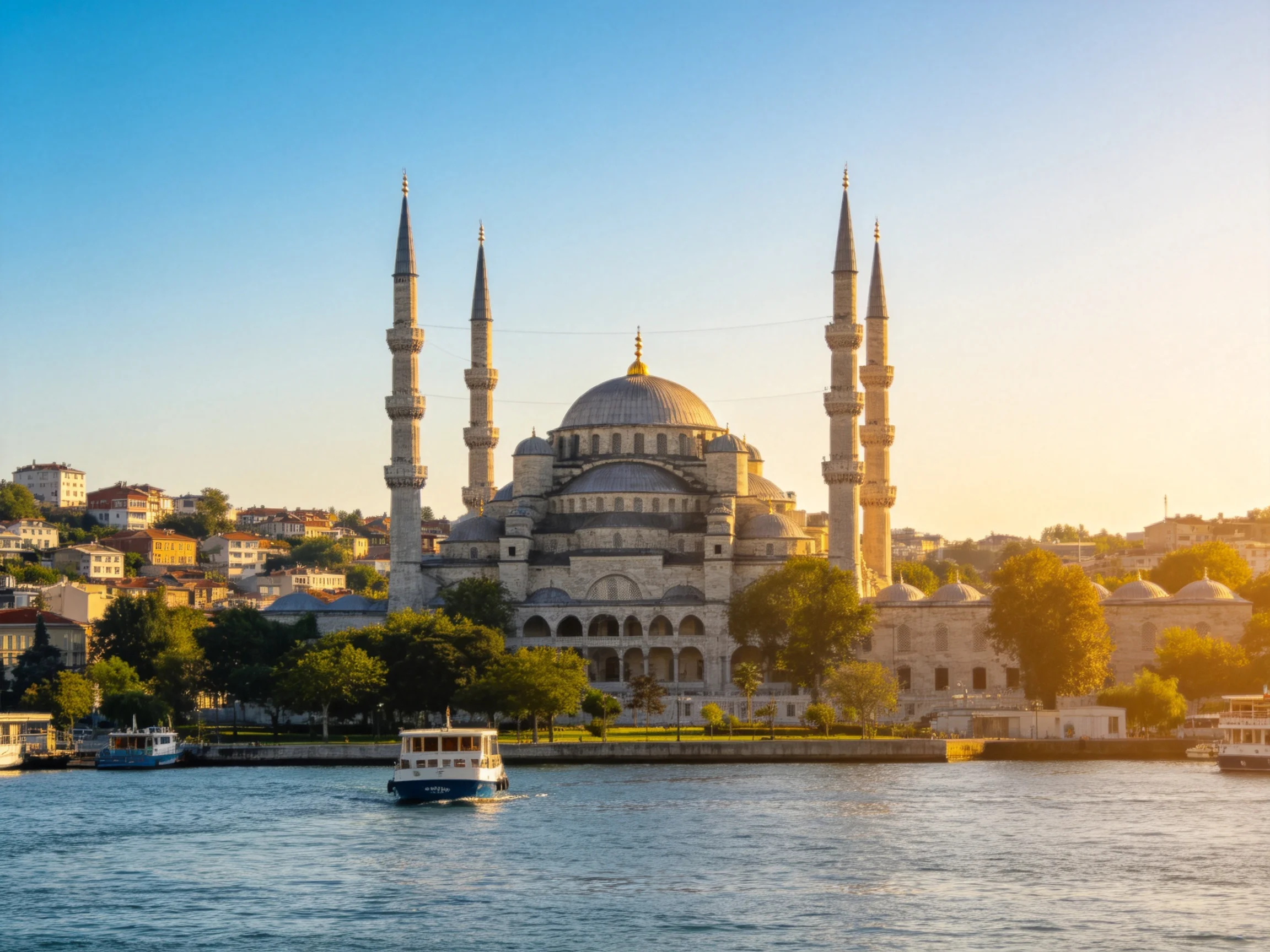 The grand domed mosque with towering minarets by calm waters