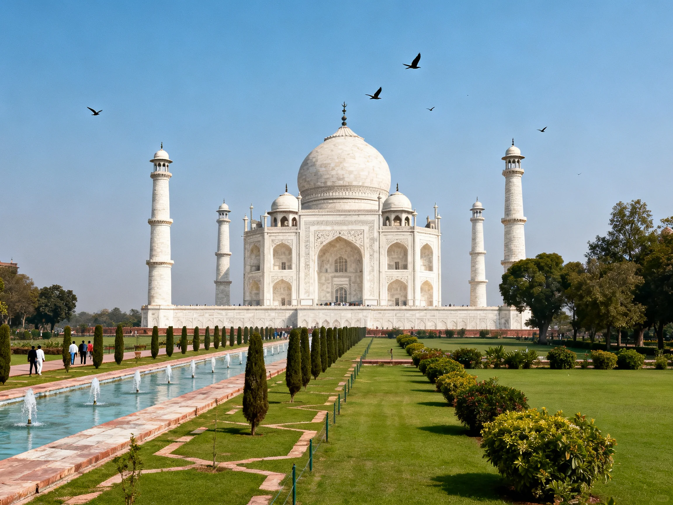 The grand white Taj Mahal with four minarets and blue sky