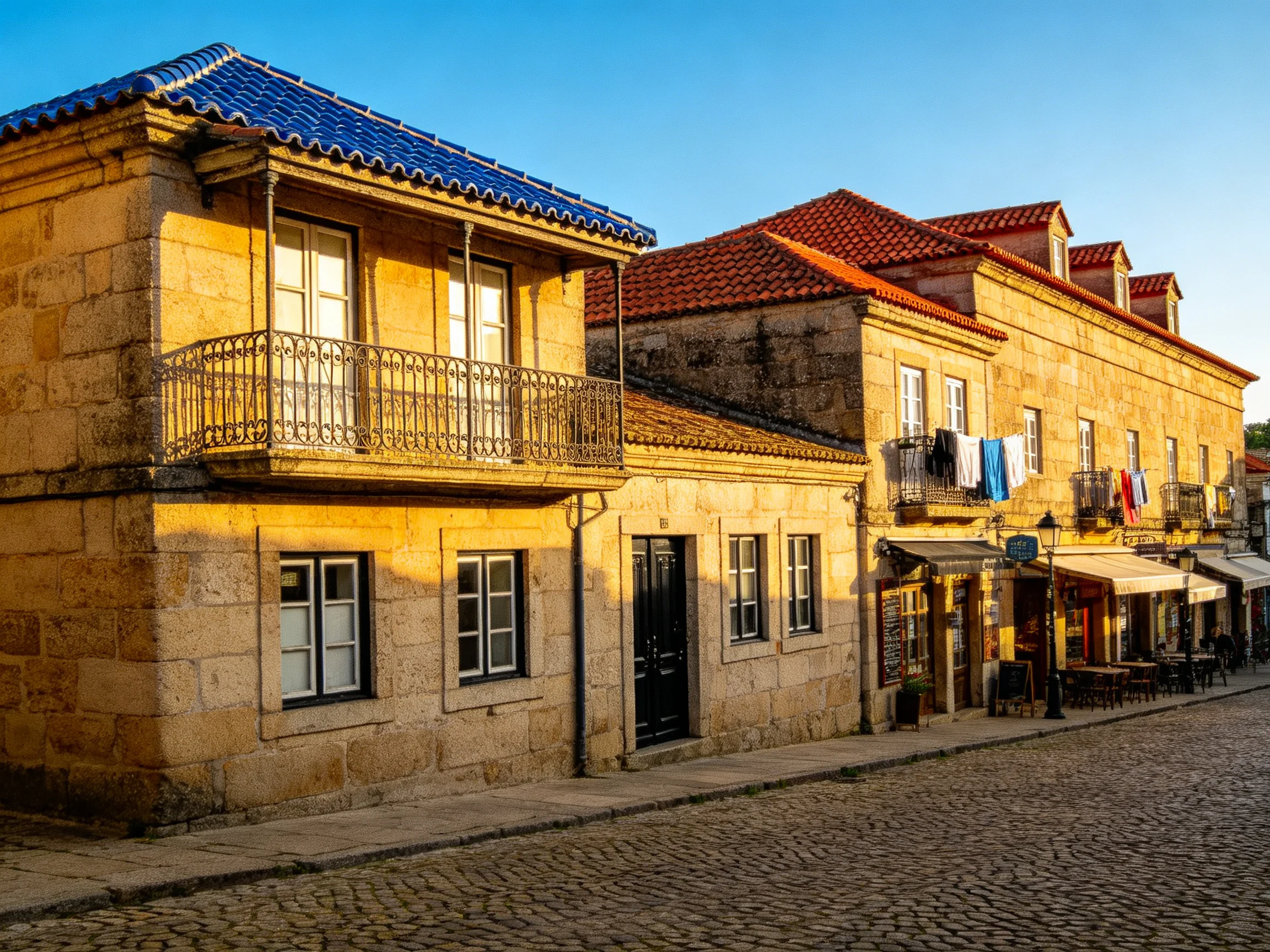 The historic stone buildings feature textured facades with ornate balconies and multi - paned windows