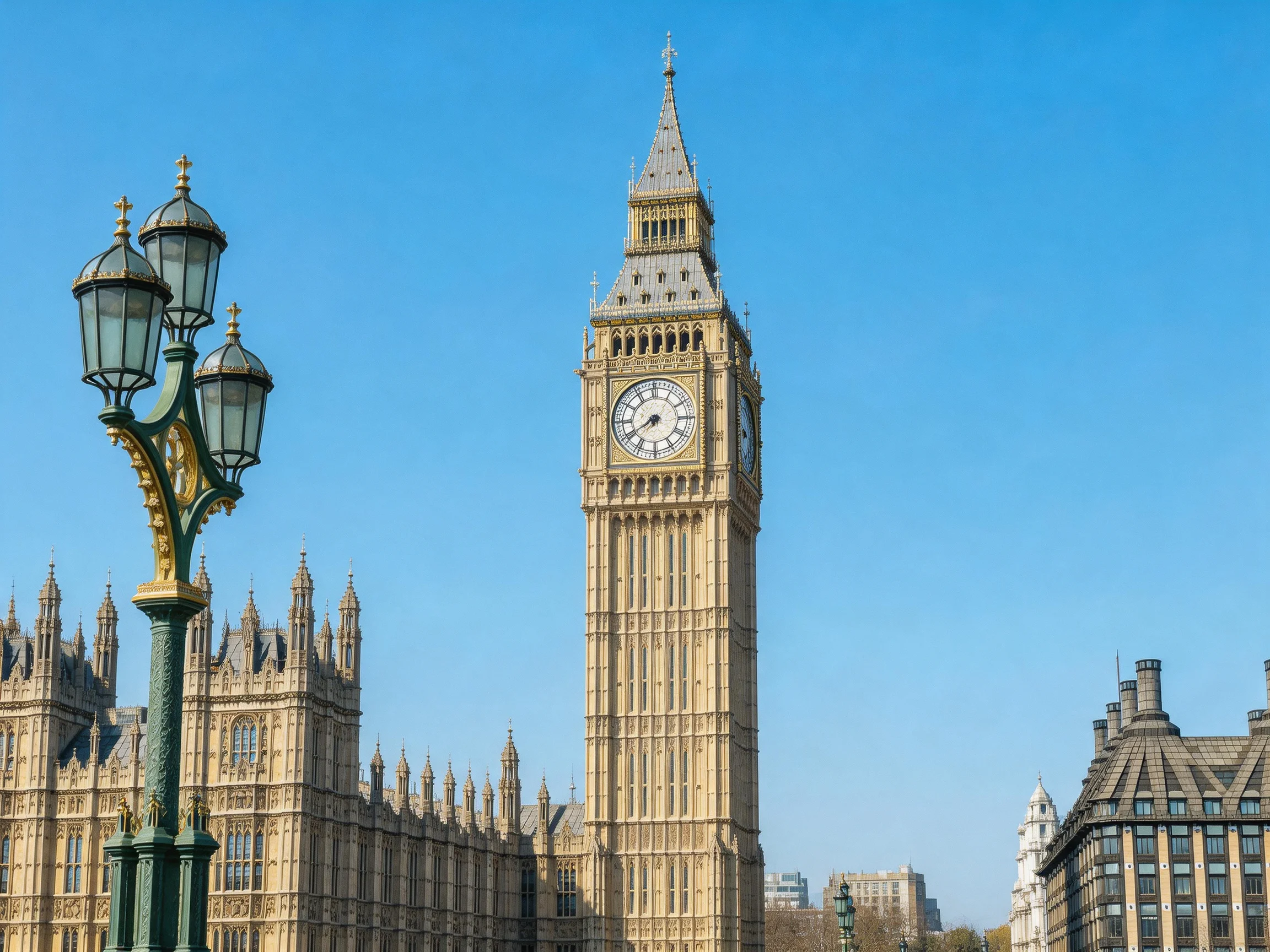The iconic Big Ben clock tower stands tall under a clear blue sky