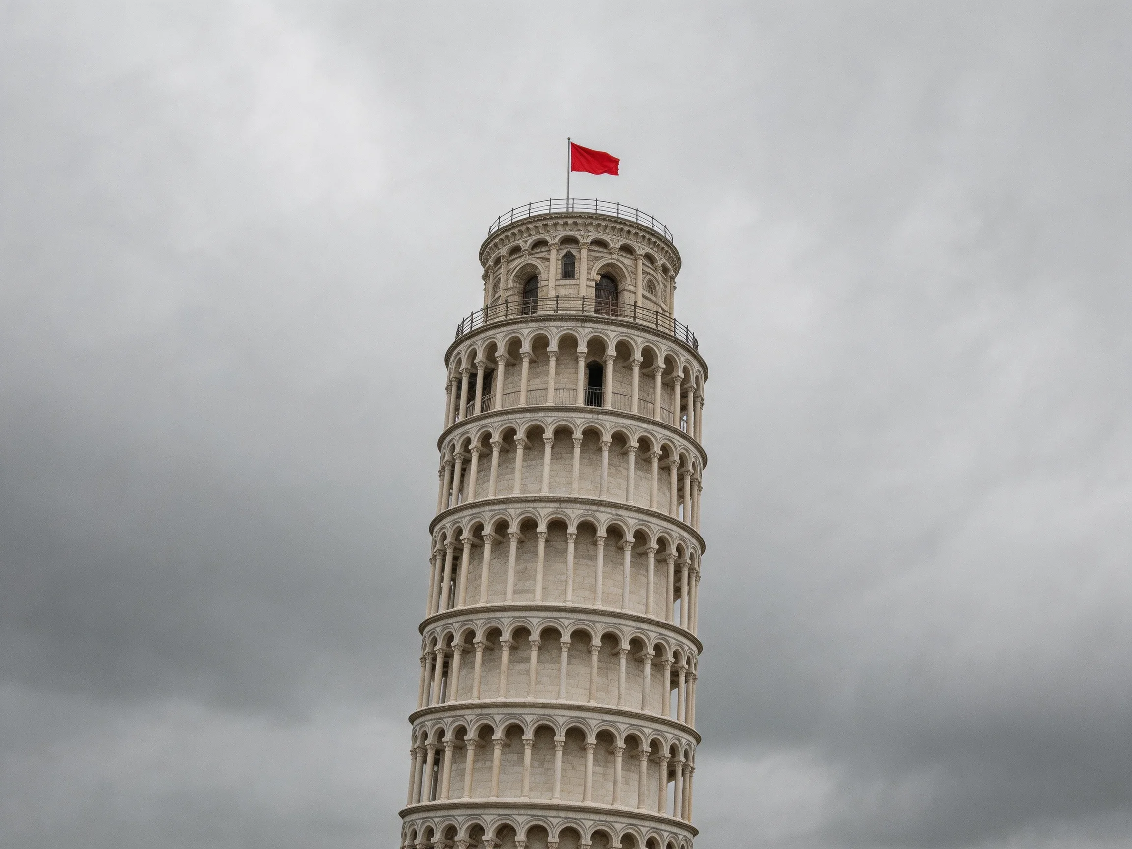 The iconic Leaning Tower of Pisa has a bright red flag atop, against a gloomy sky