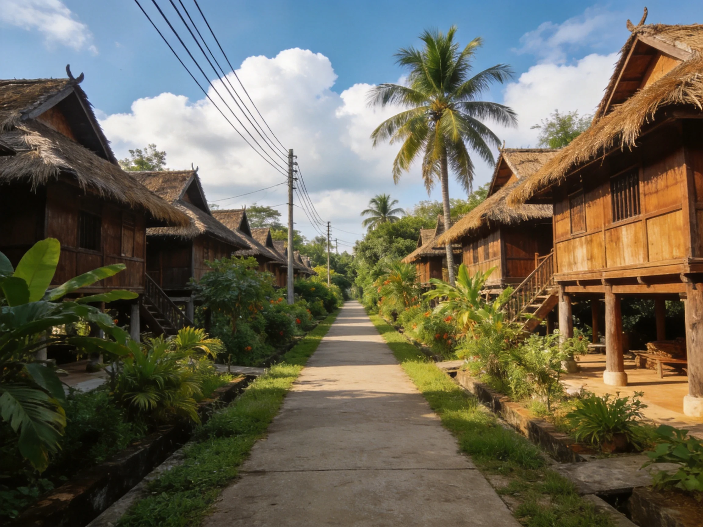The image depicts a serene tropical village with traditional wooden huts featuring straw roofs lining