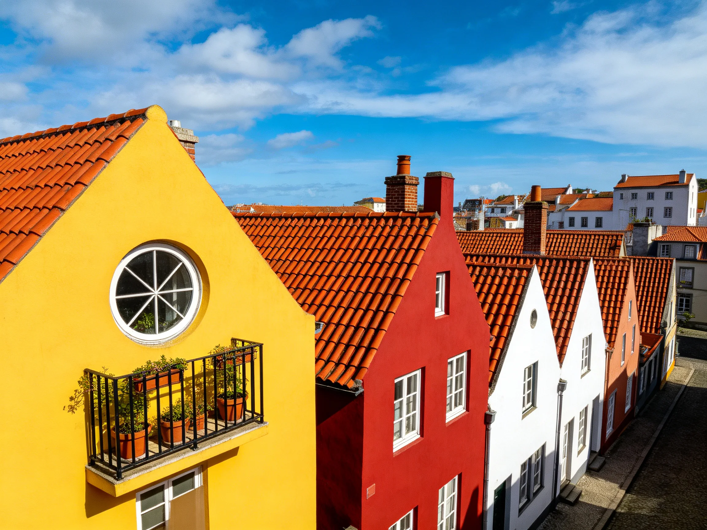 The image showcases a row of charming, vibrantly colored historic houses with steeply pitched terraco