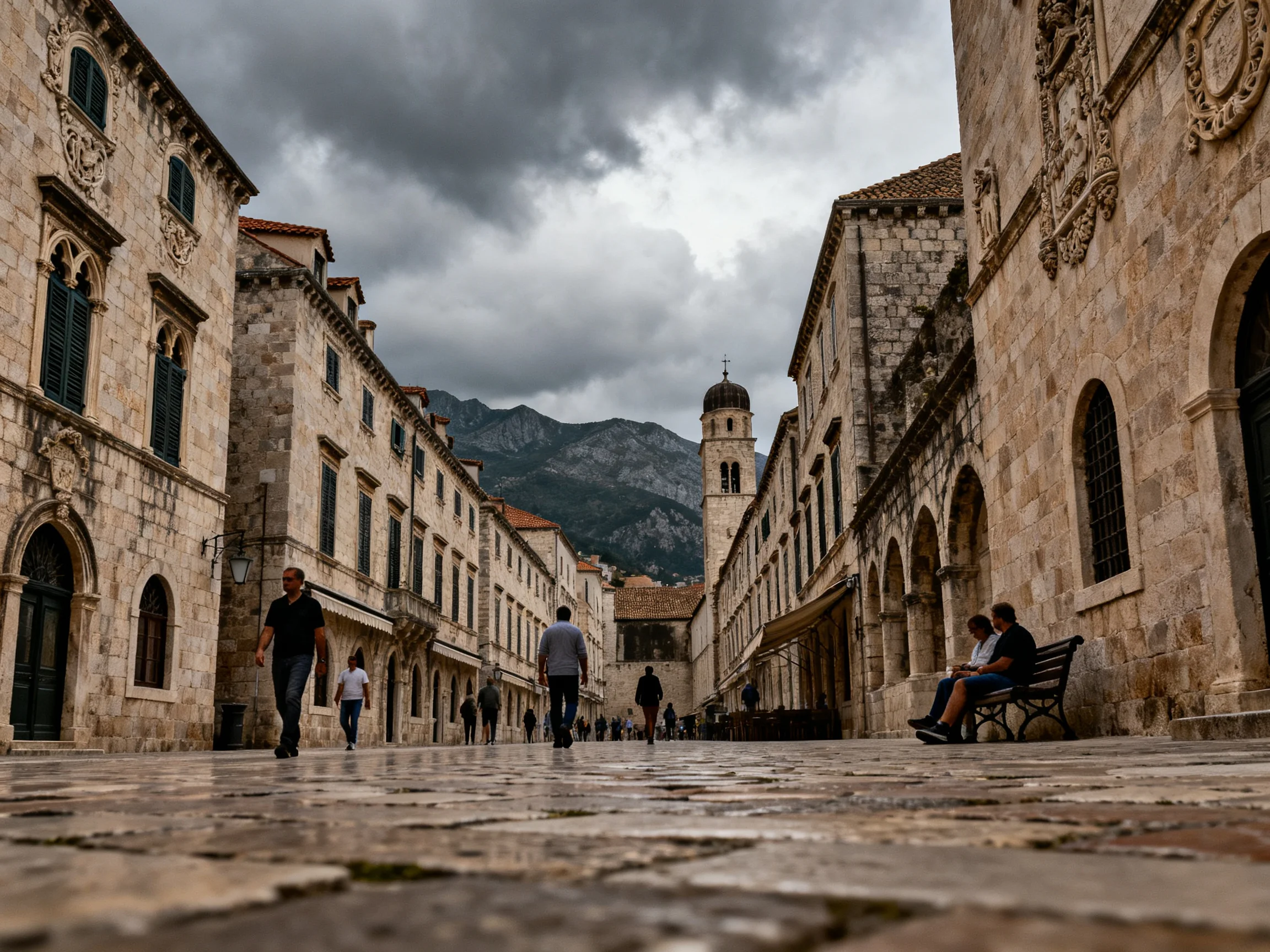 The image shows a historic cobblestone street bordered by ancient stone buildings with textured facad