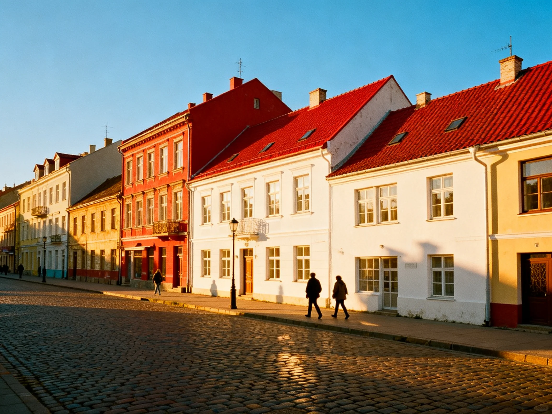 The image shows a picturesque street lined with vibrant historic buildings in red, white, yellow,