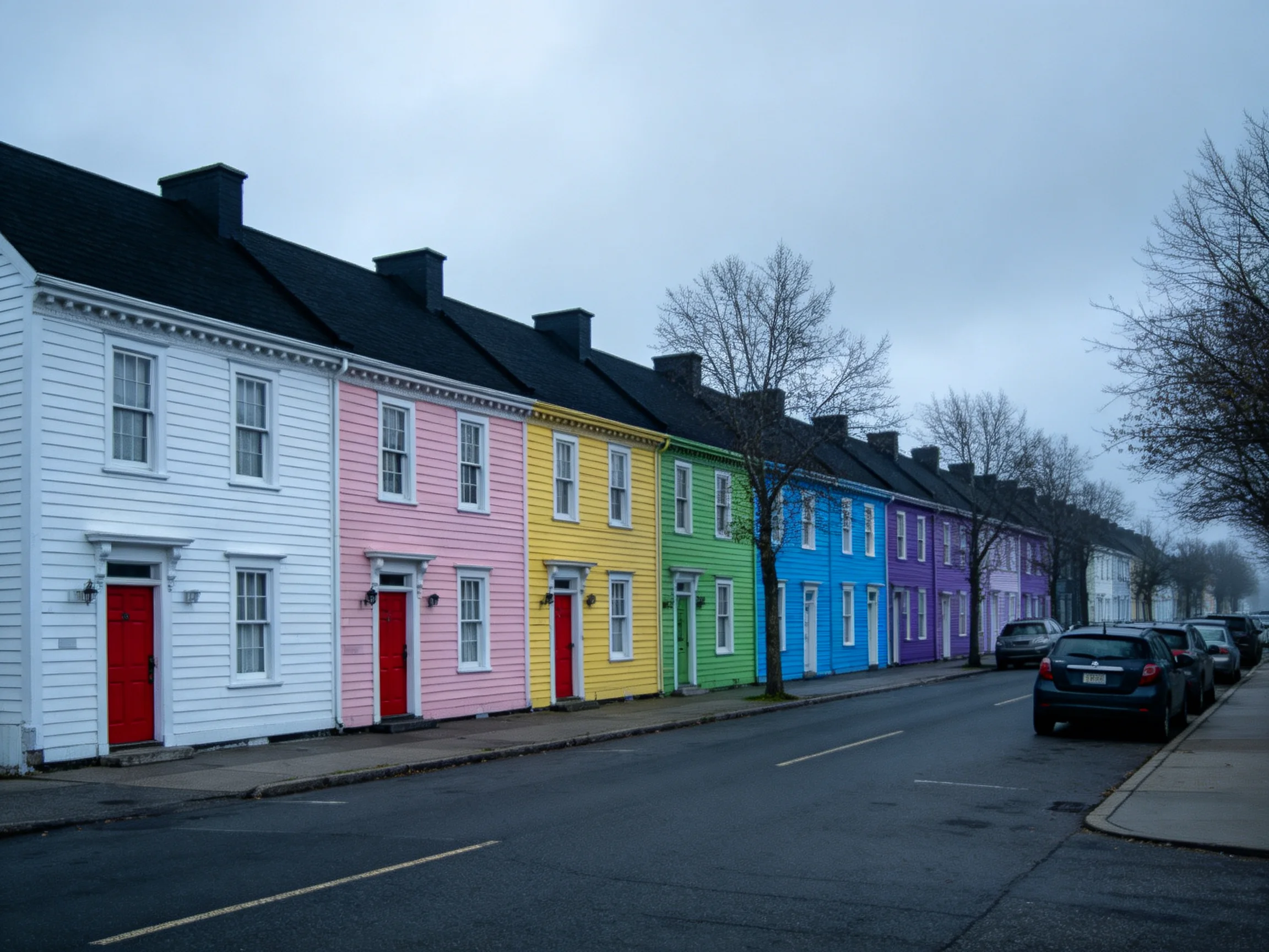 The image shows a row of eight townhouses with wooden siding, each painted in distinct