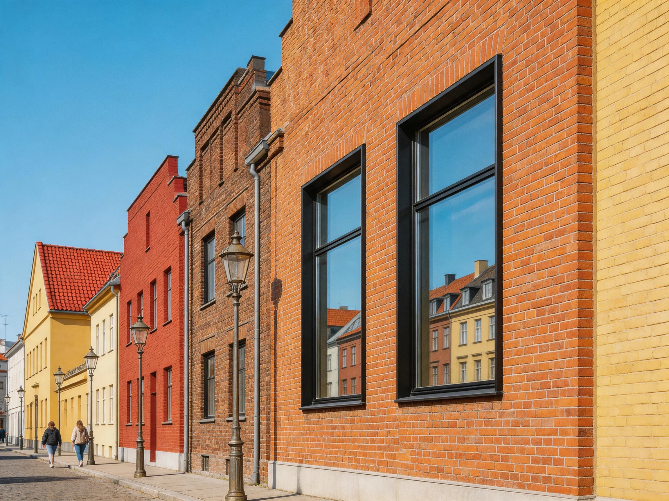 The image shows a row of vibrant brick buildings in yellow, red, and brown hues