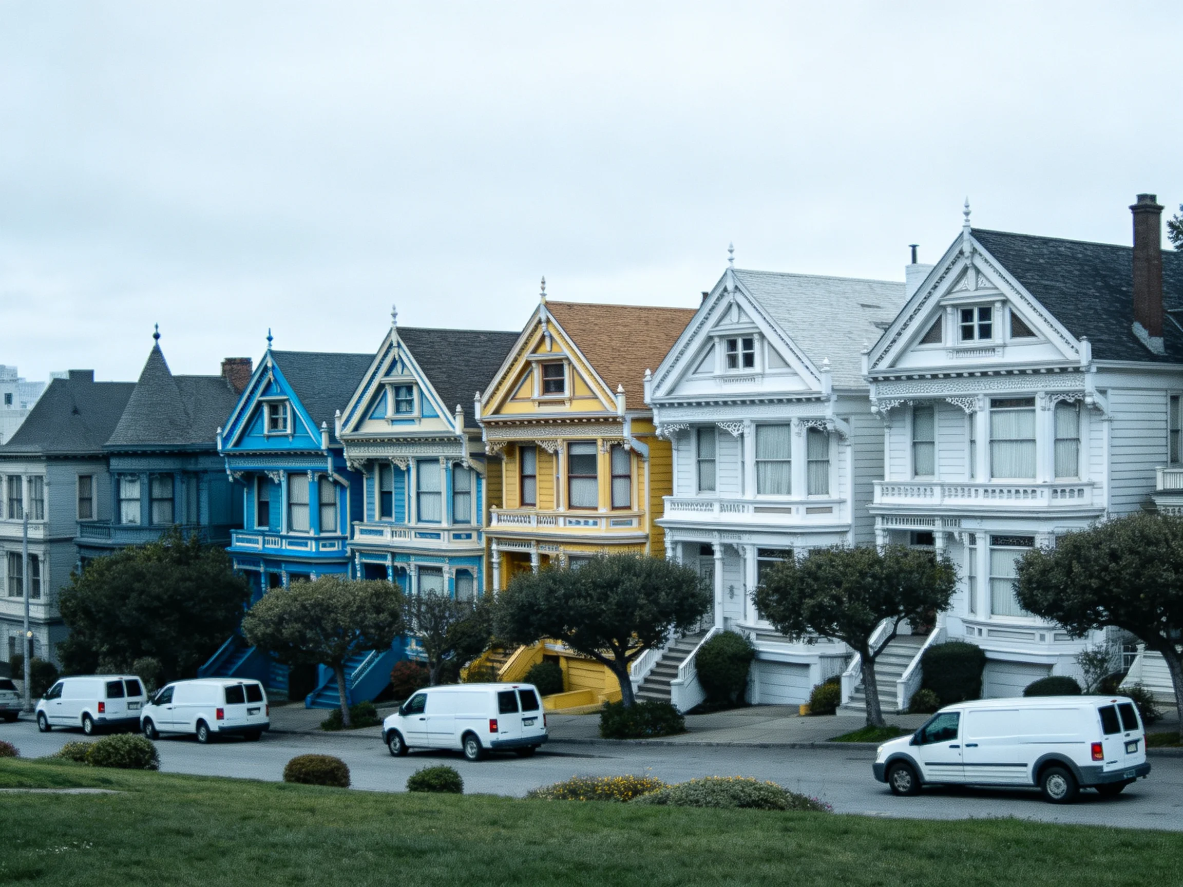 The image shows six vibrant Victorian-style houses arranged in a row along a quiet residential