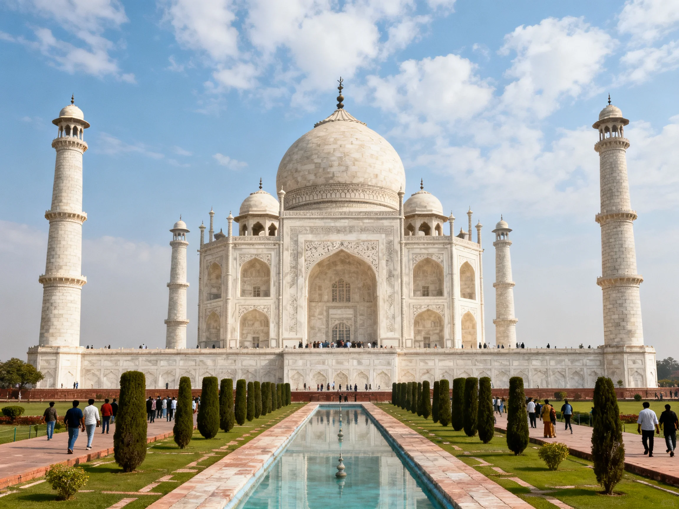 The magnificent Taj Mahal with four minarets, white marble facade, and central dome