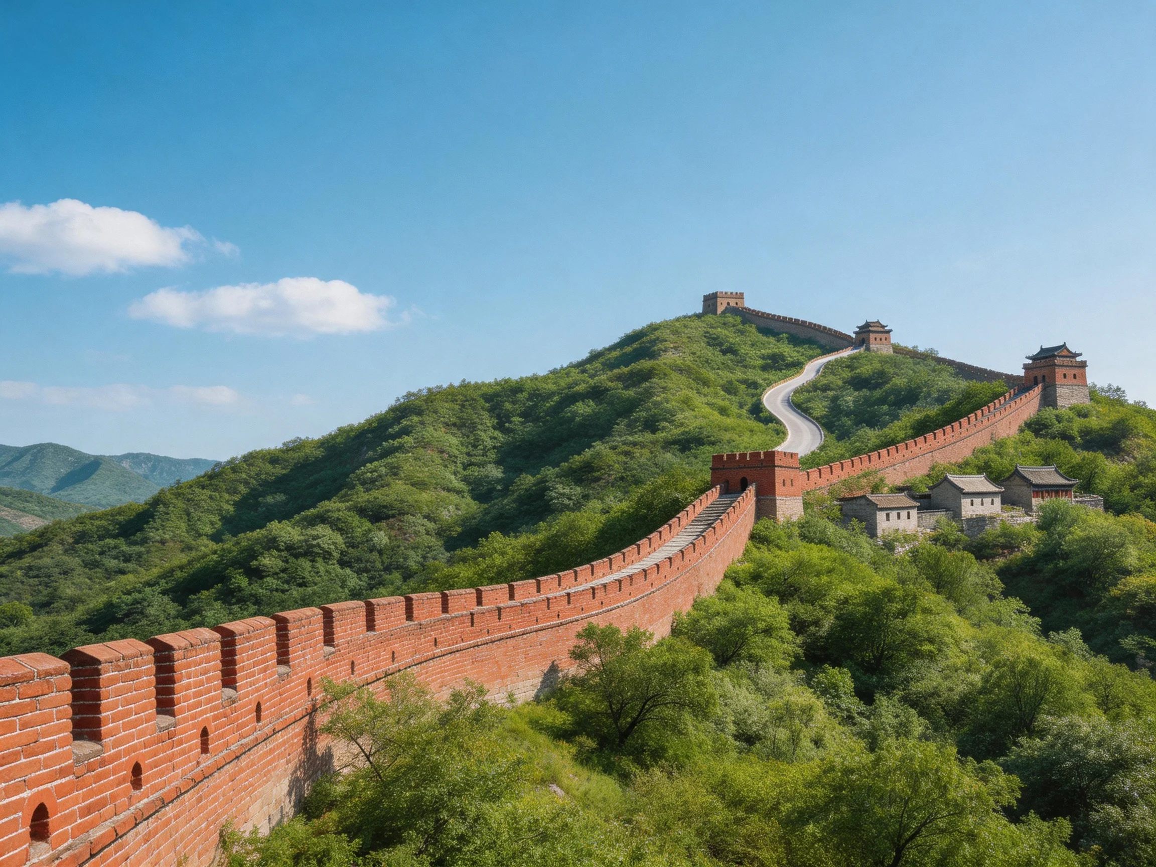 The red-brick Great Wall winds through green hills under a clear blue sky