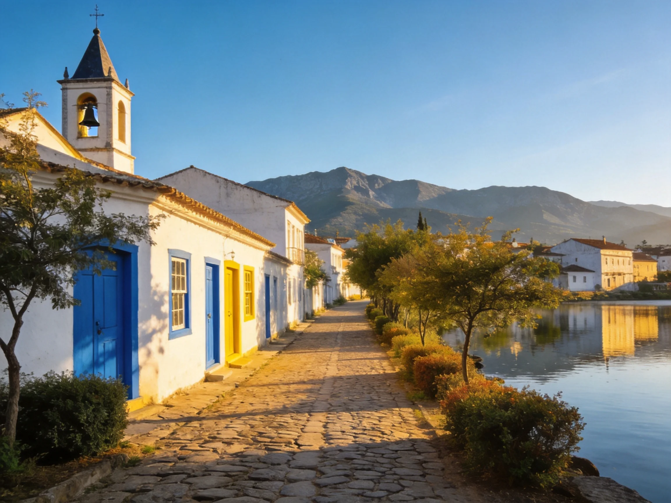 The scene features a row of charming white colonial buildings with vibrant blue and yellow