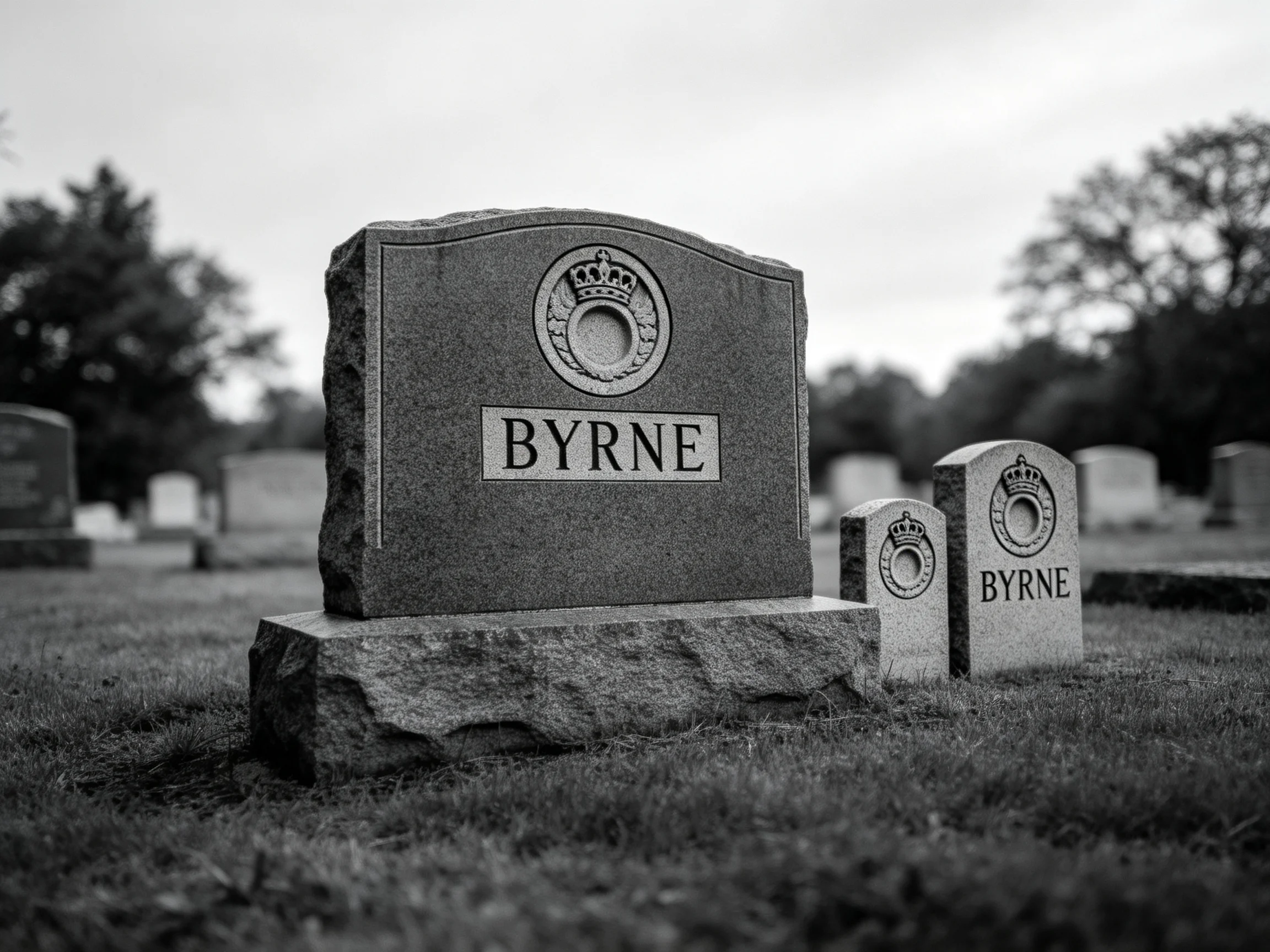 Three Byrne gravestones in a monochrome cemetery setting