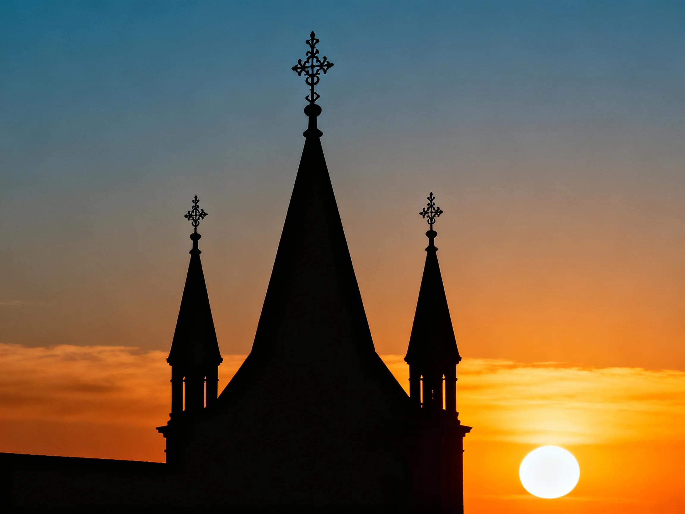 Three Church Spires Silhouetted Against Vibrant Sunset Sky